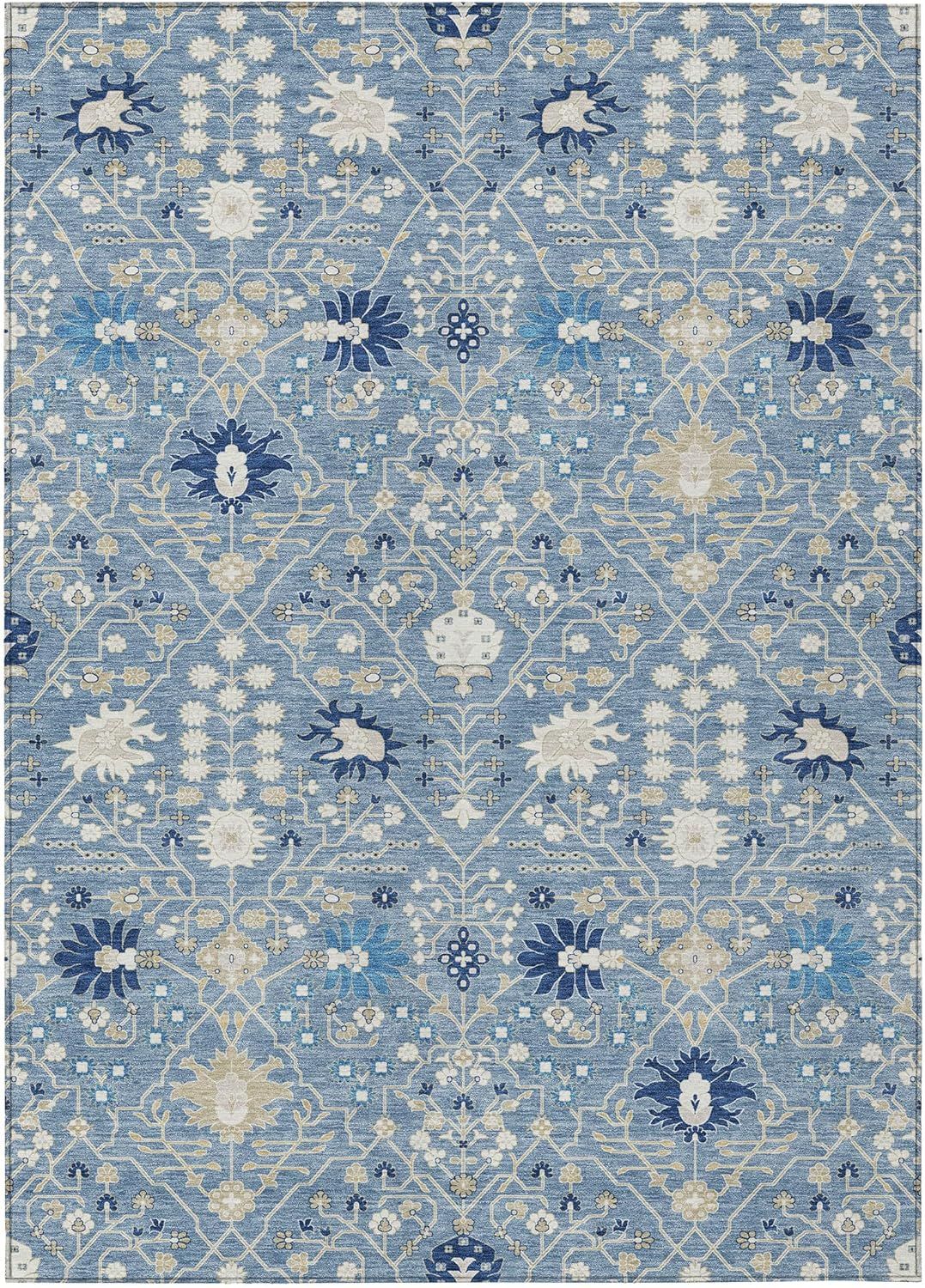 Blue and Beige Flat Woven Rectangular Synthetic Rug