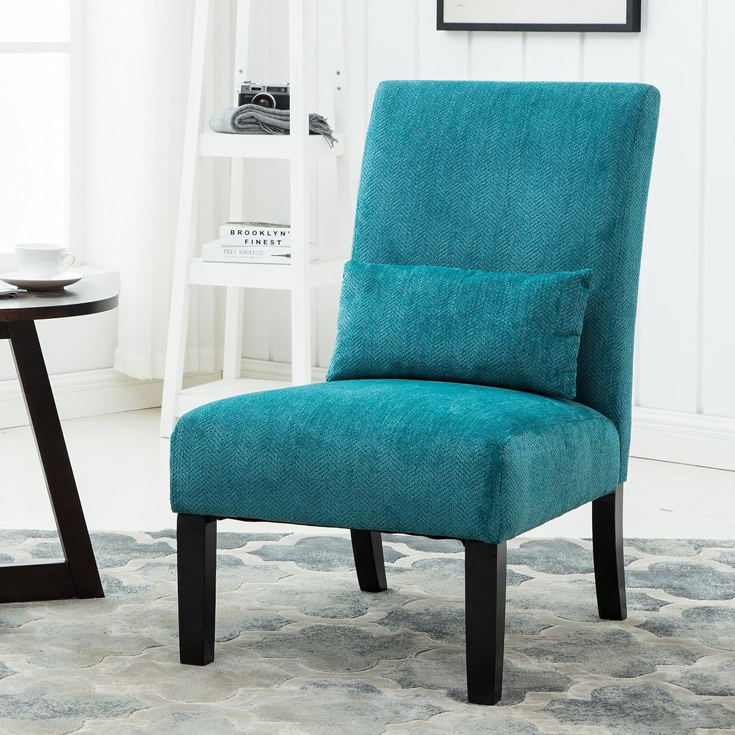 Teal Blue Chenille Armless Accent Chair with Pillow