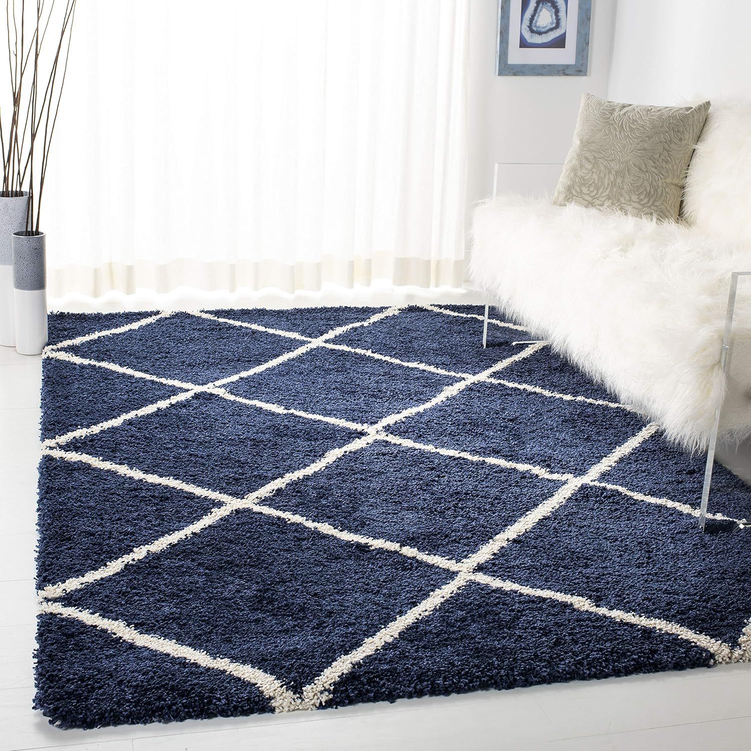 Navy and Ivory Diamond Shag 9' x 12' Area Rug