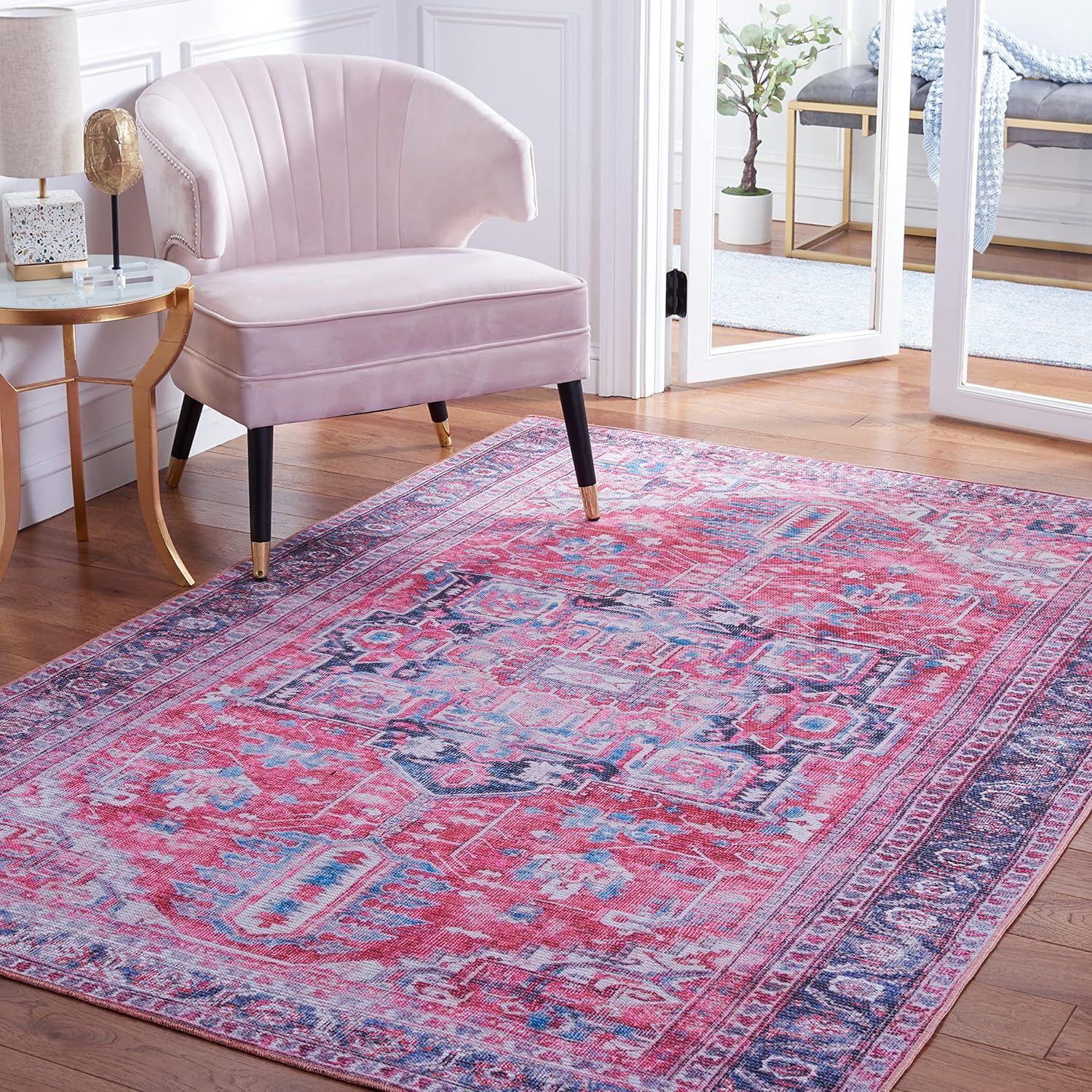 Serapi Red and Navy 9' x 12' Washable Wool Blend Area Rug