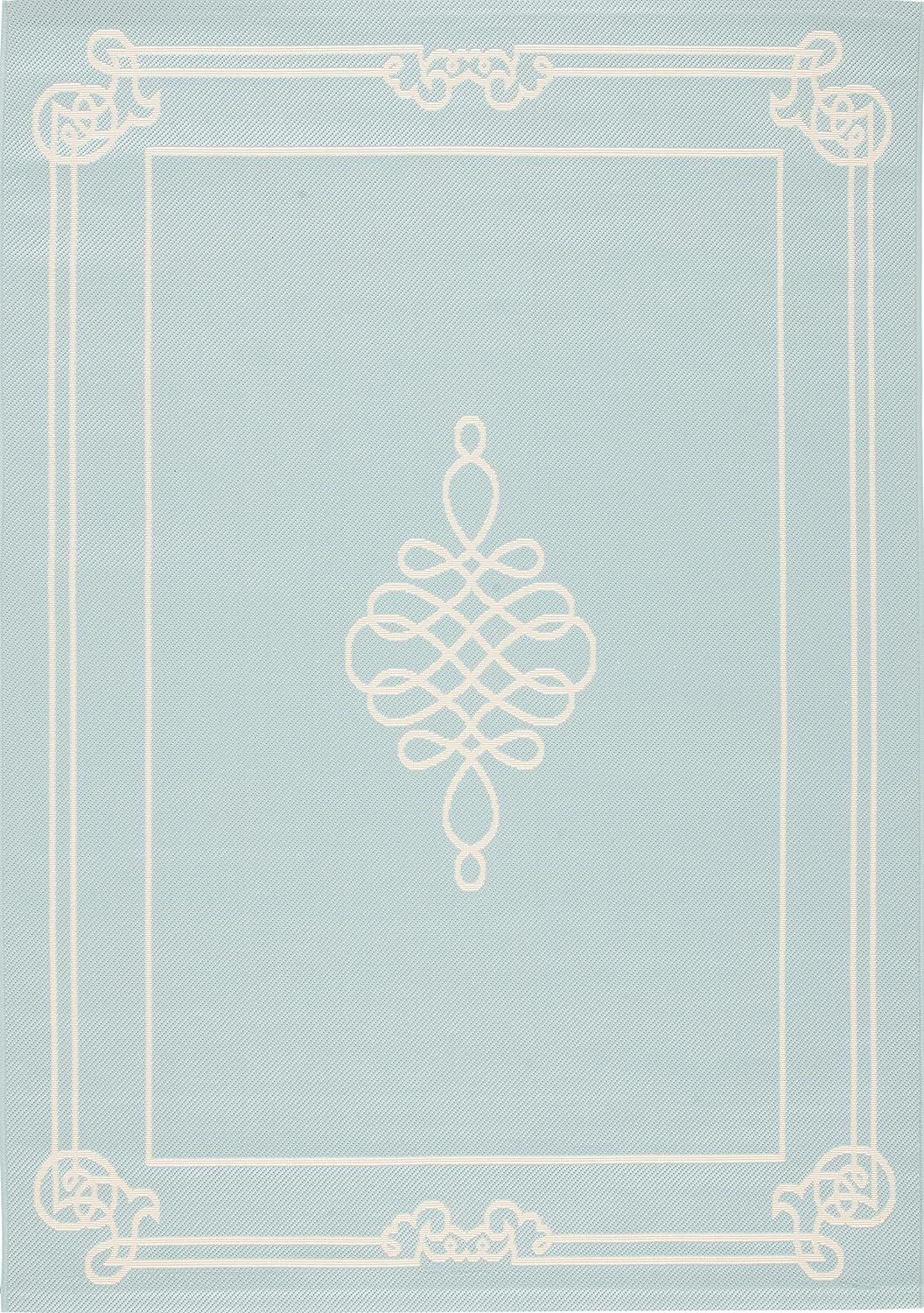 Aqua and Cream Easy-Care Synthetic Rectangular Accent Rug