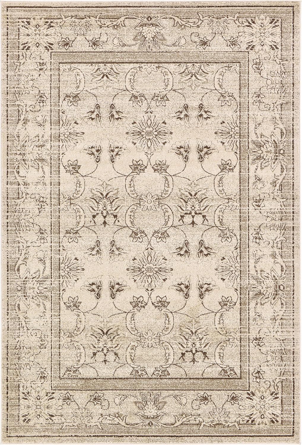 Ivory and Brown Floral Easy-Care Synthetic Area Rug, 6' x 9'