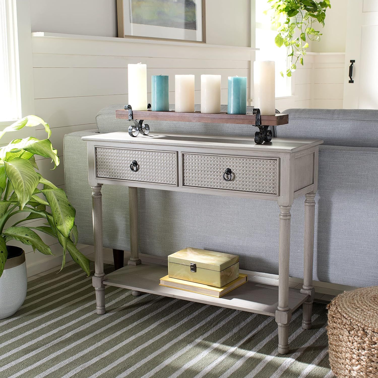 Greige Textured 2-Drawer Metal & Wood Console Table