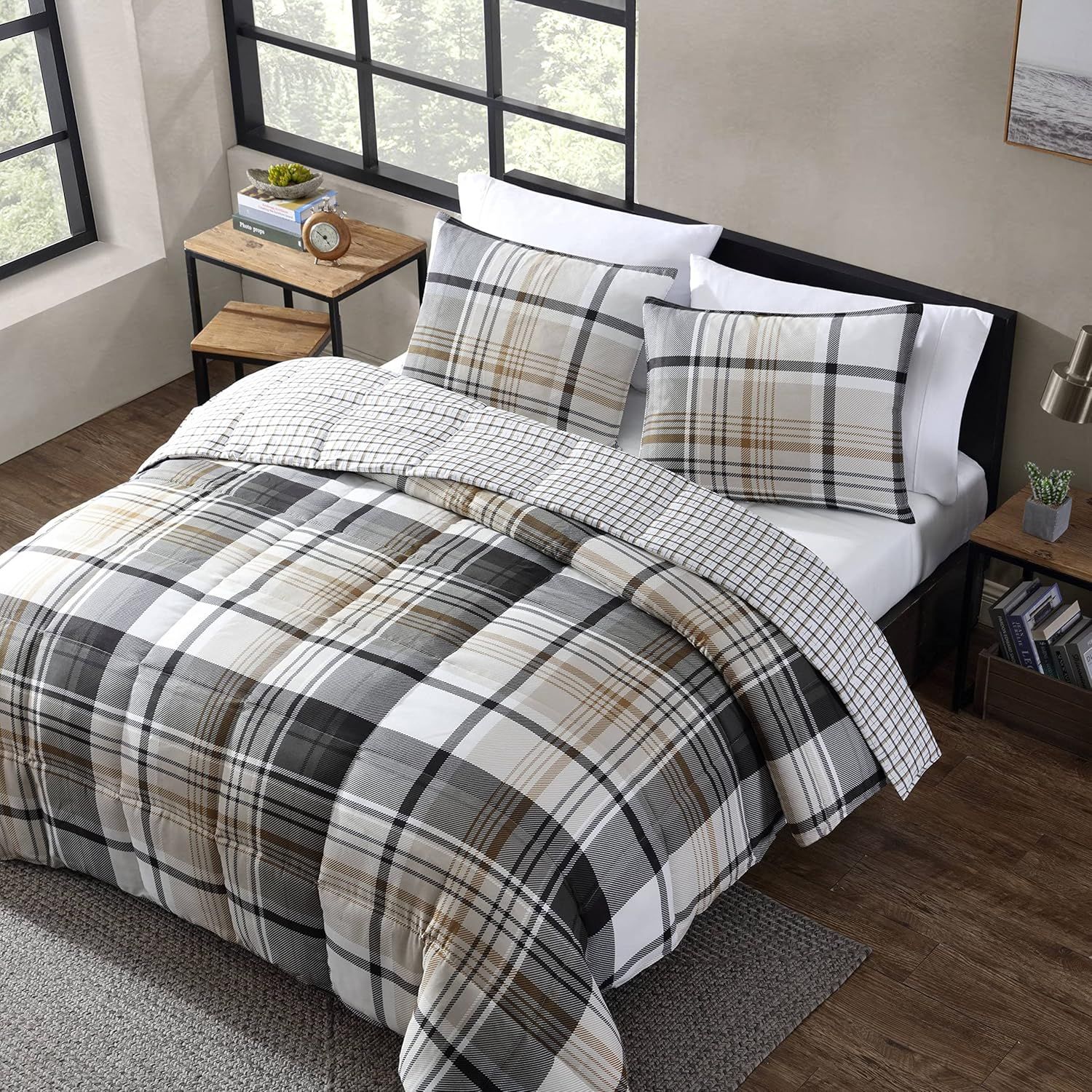 Twin Black and Tan Plaid Reversible Comforter Set