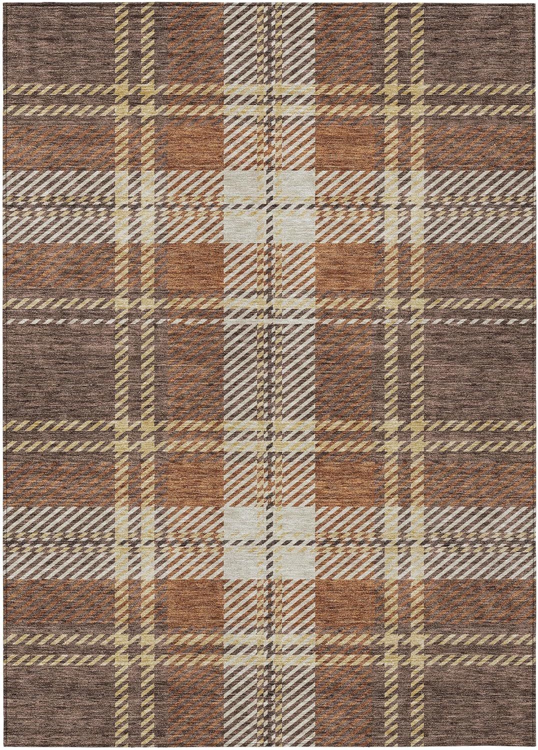 Brown Plaid Synthetic Indoor/Outdoor Washable Rug 5' x 7'