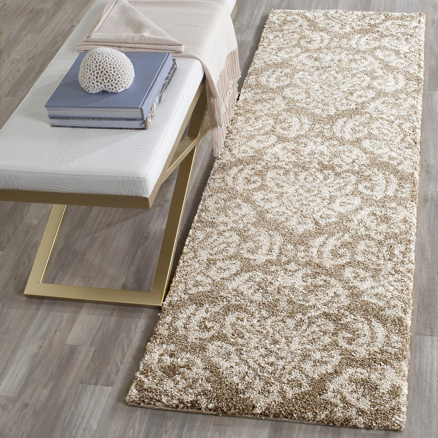 Elysian Beige & Cream Floral Shag Runner Rug, 27x11 in