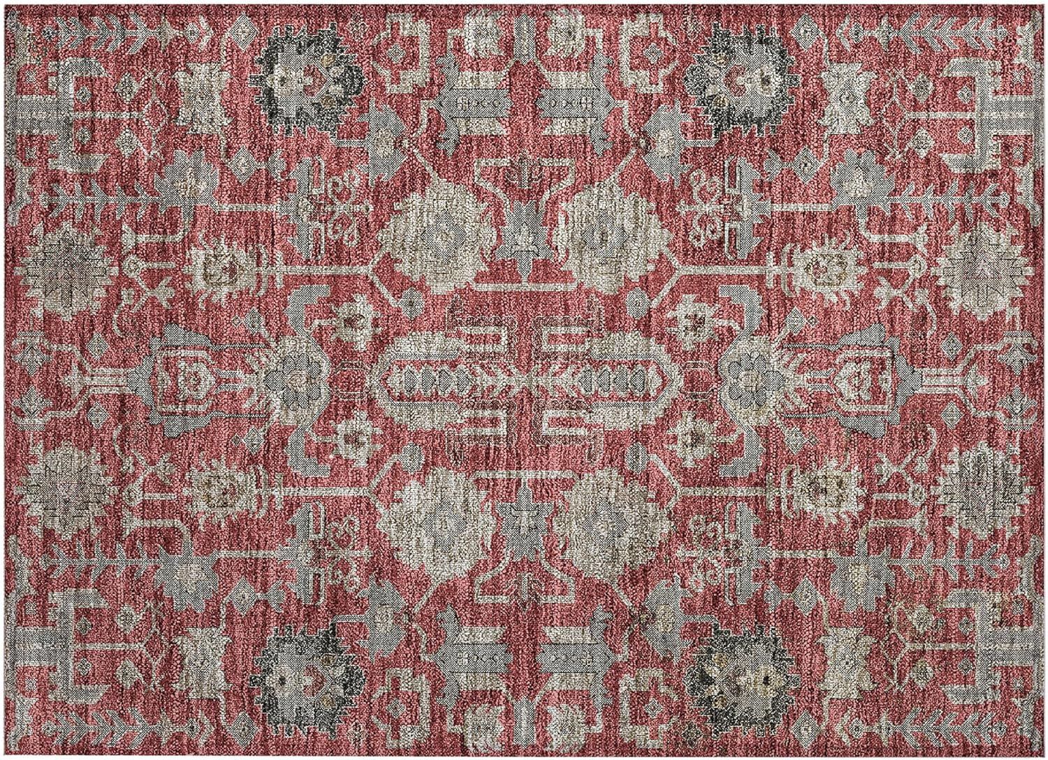 Red and Gray Synthetic Rectangular Washable Area Rug