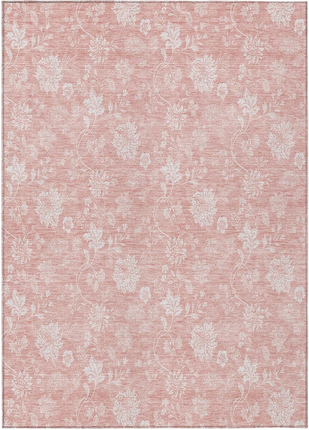 Pink Floral Rectangular Washable Synthetic Area Rug