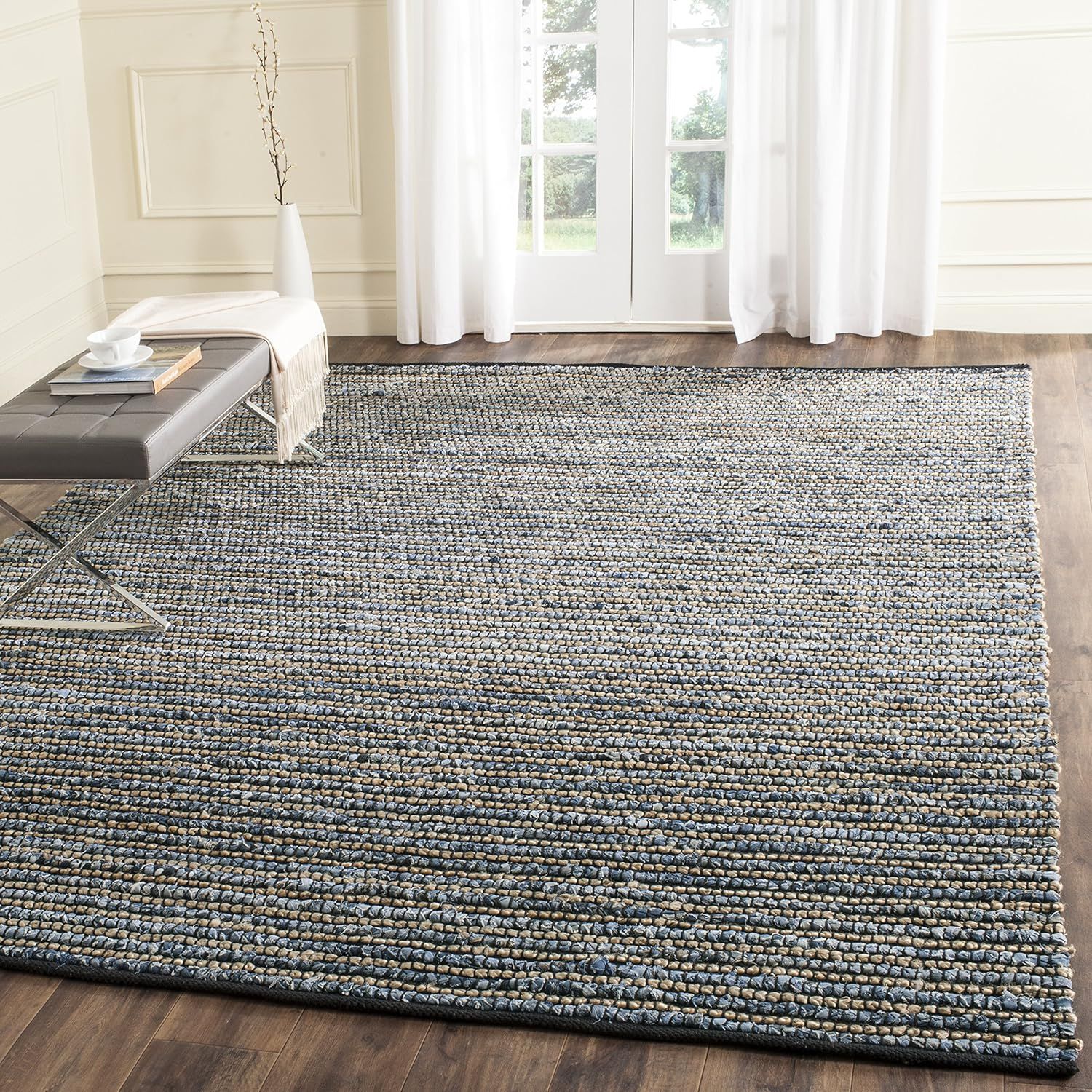 Handmade Cape Cod 4' Square Blue Stripe Cotton Rug