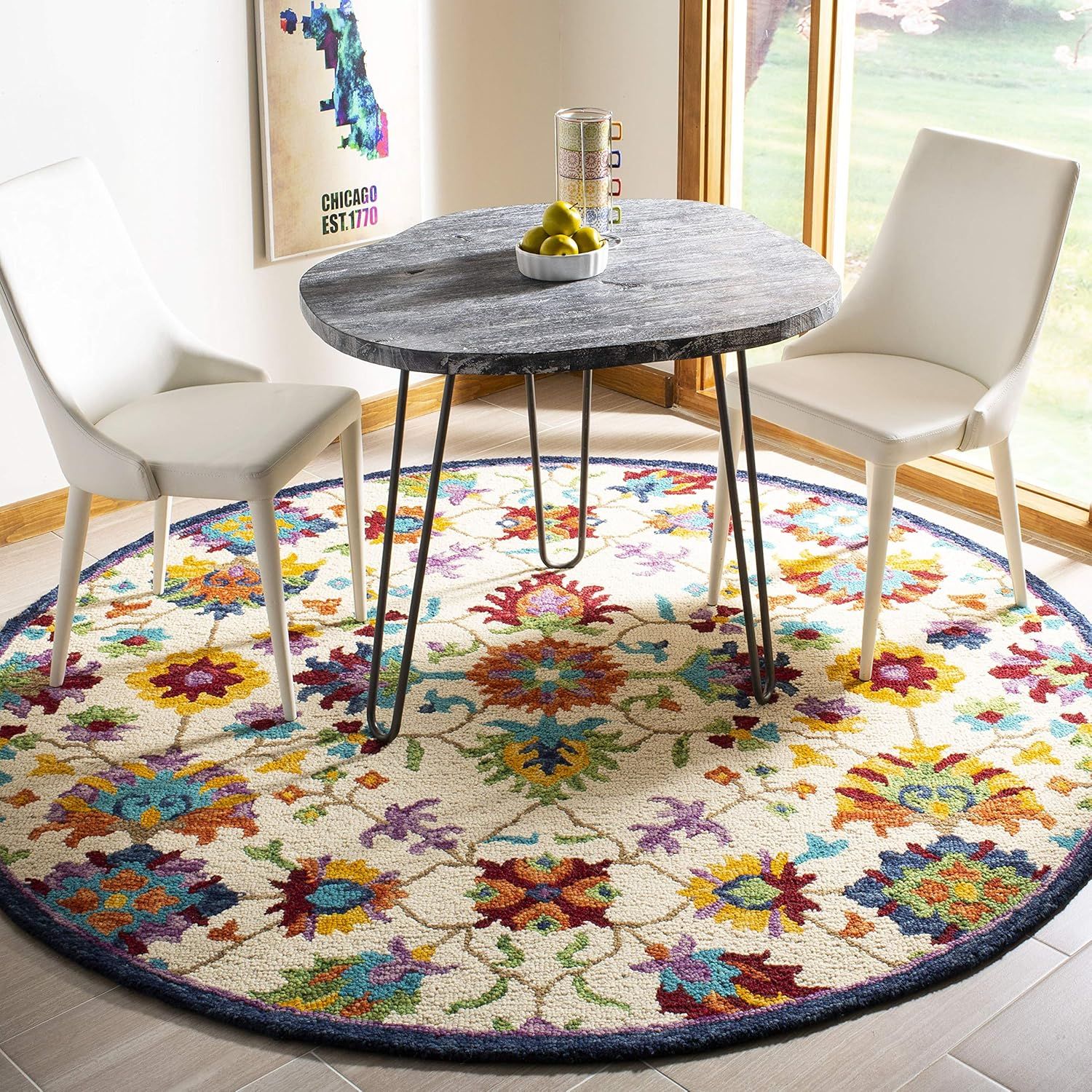 Handmade Tufted Round Blue Floral Wool Rug - 59 in