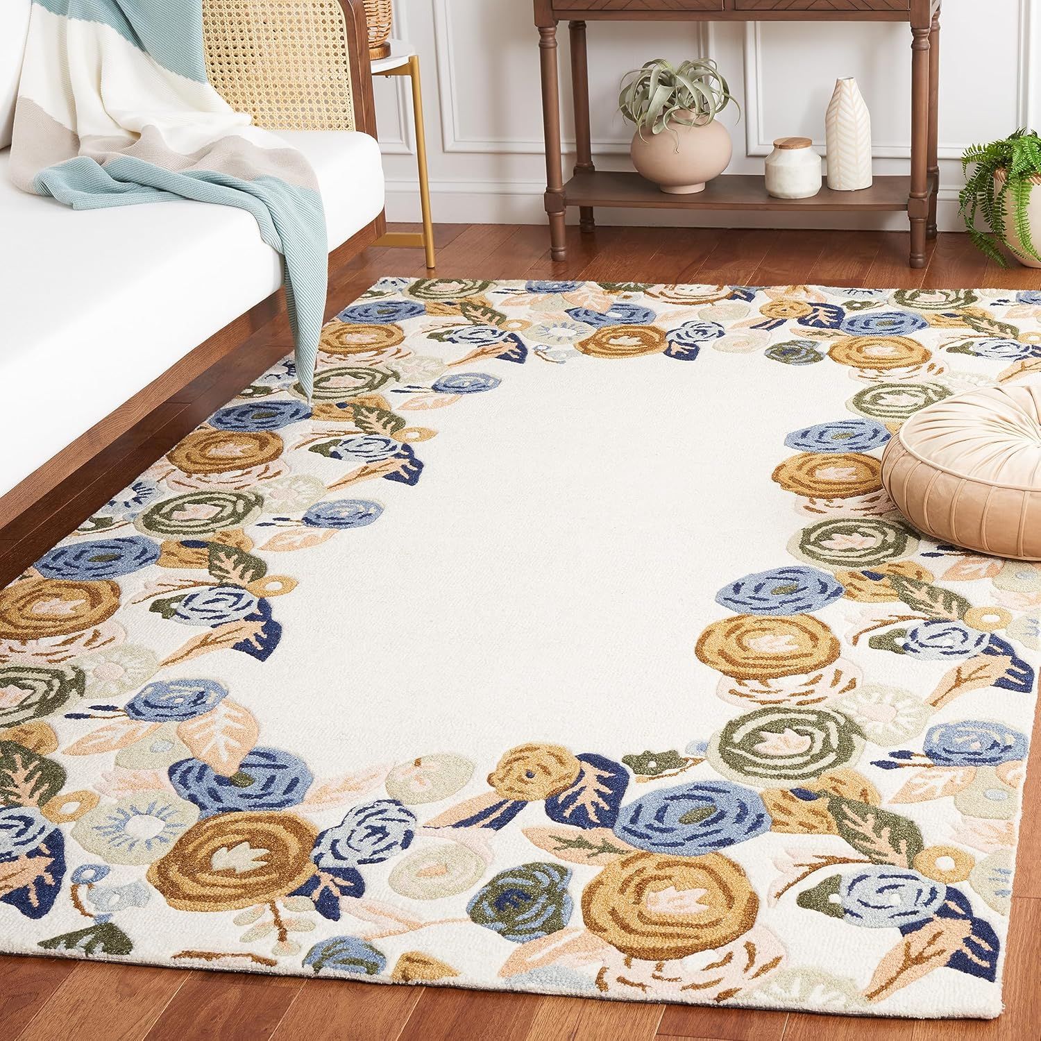 Ivory and Blue Floral Handmade Wool Rug, 3' x 5'