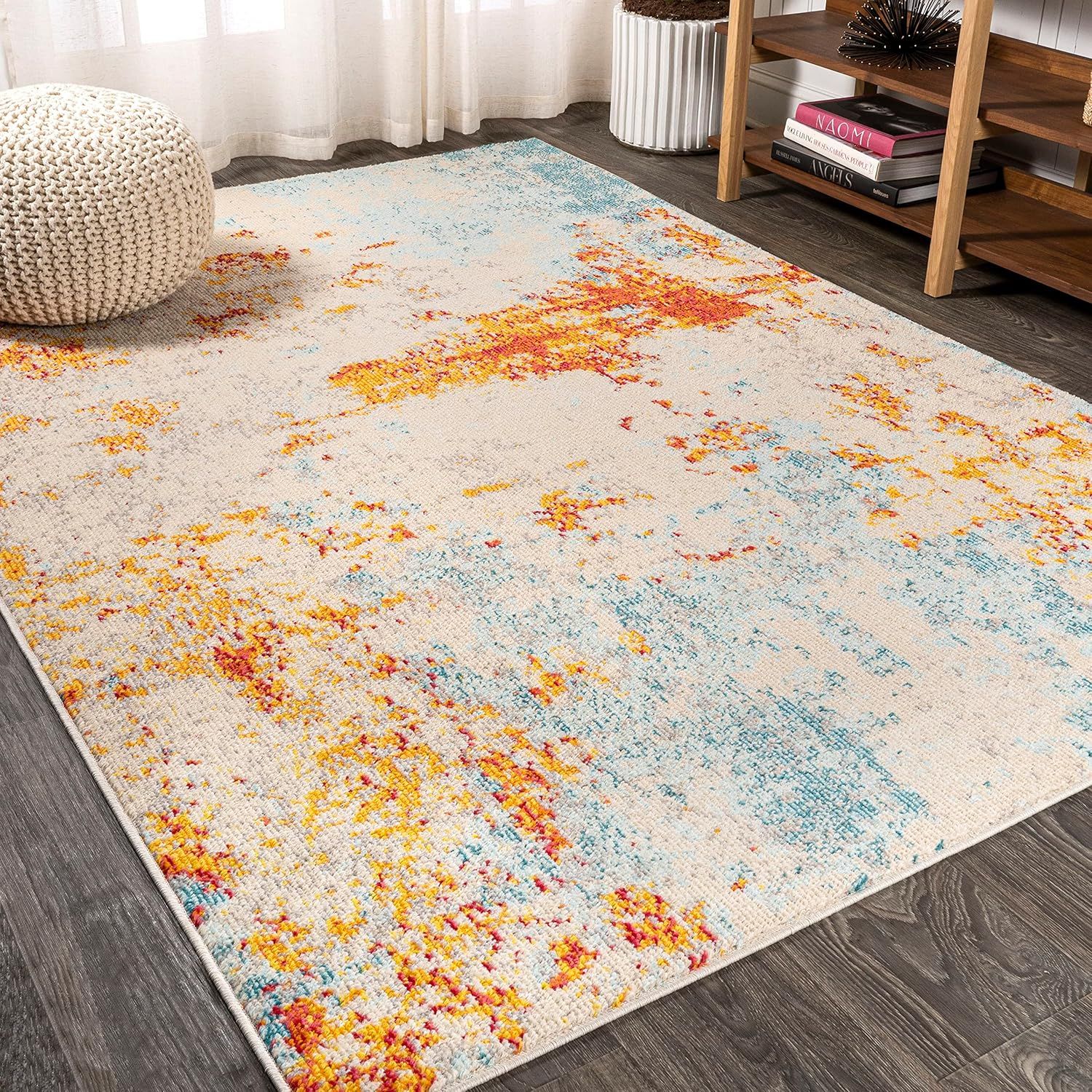 Sunset Orange and Multi Abstract Synthetic 3' x 5' Area Rug