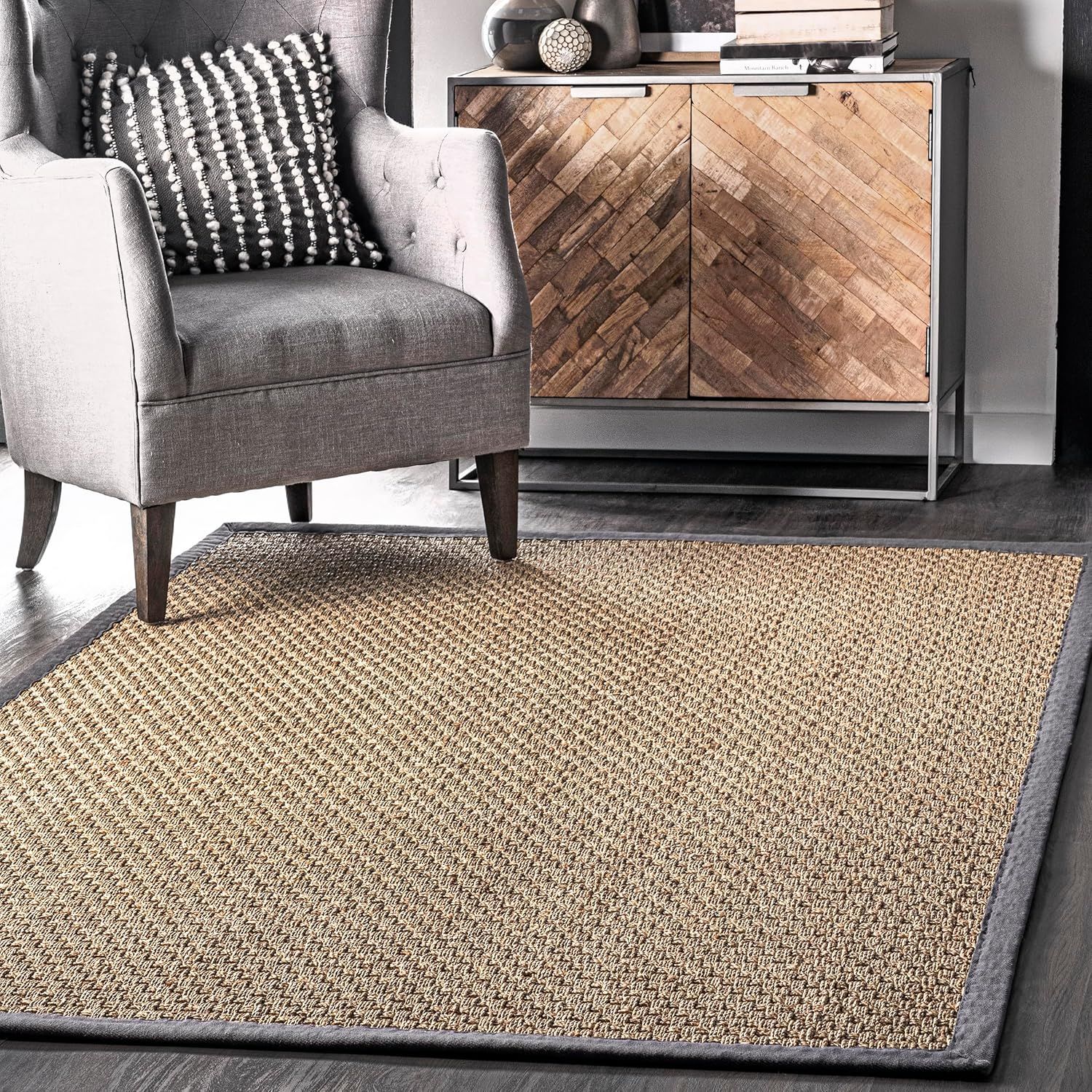 Reversible Dark Gray Checker Weave Synthetic Rug 3'x5'