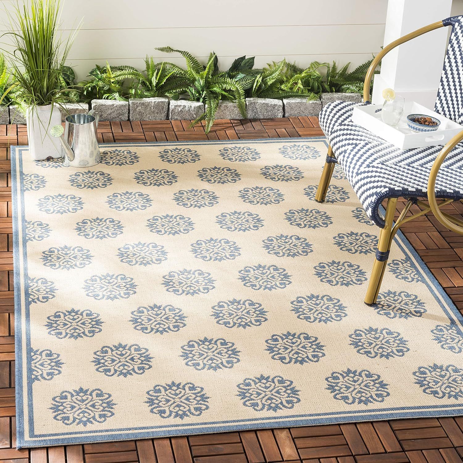 Cream and Blue Geometric Tufted 8' x 10' Synthetic Rug