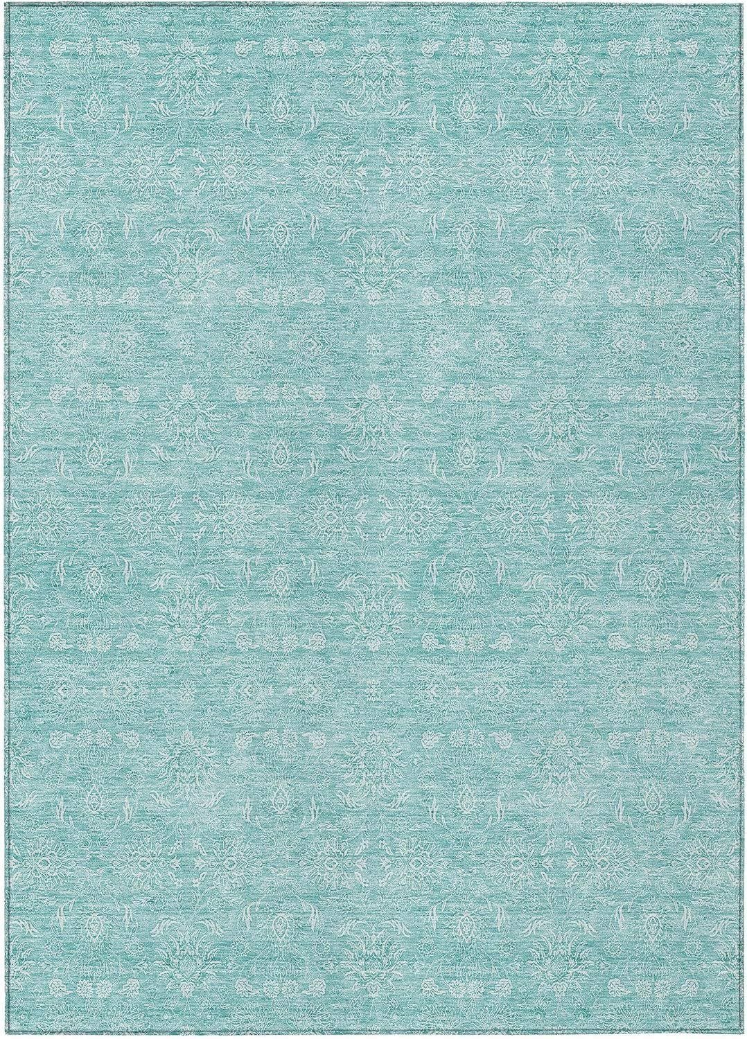 Aqua Floral Synthetic 8' x 10' Washable Area Rug