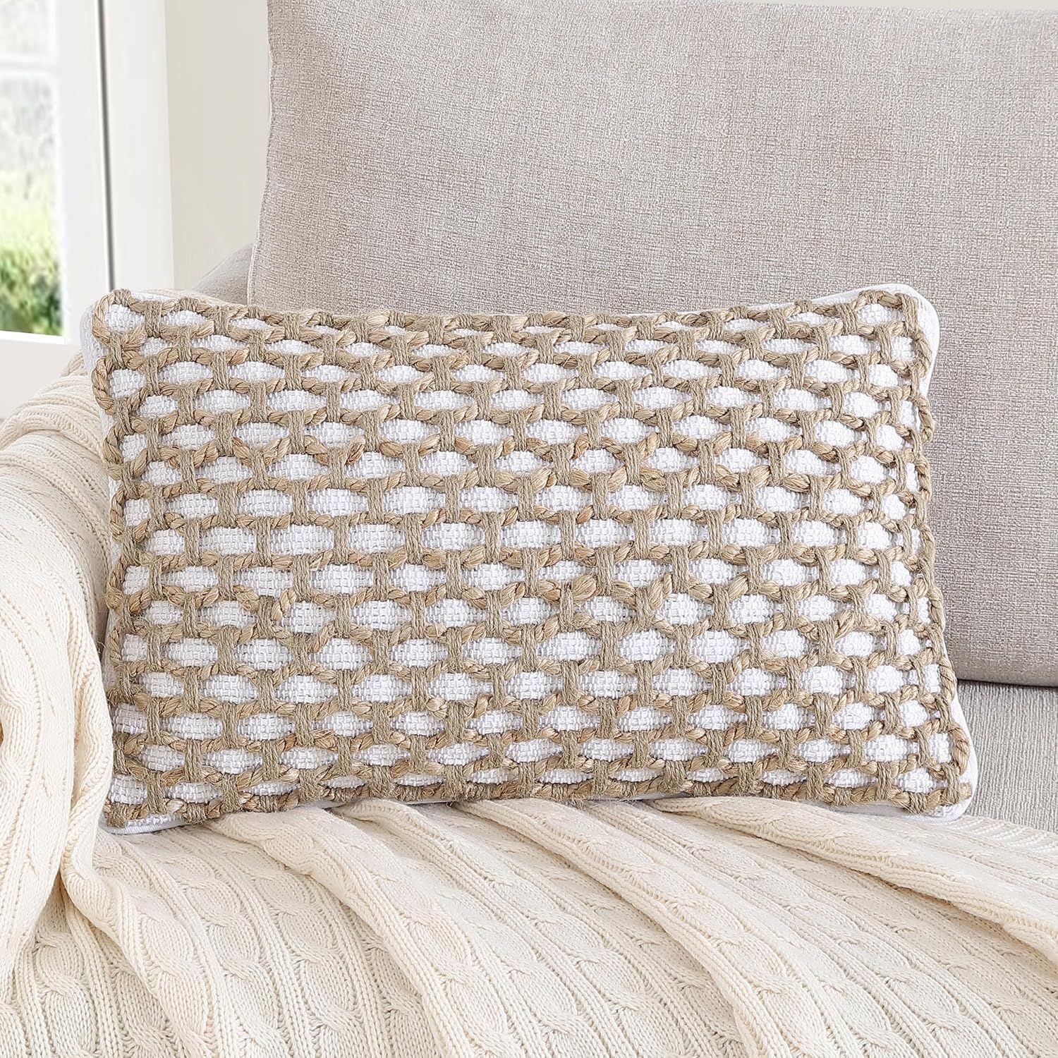 Chic Rustic Jada 20" White Cotton & Jute Decorative Pillow