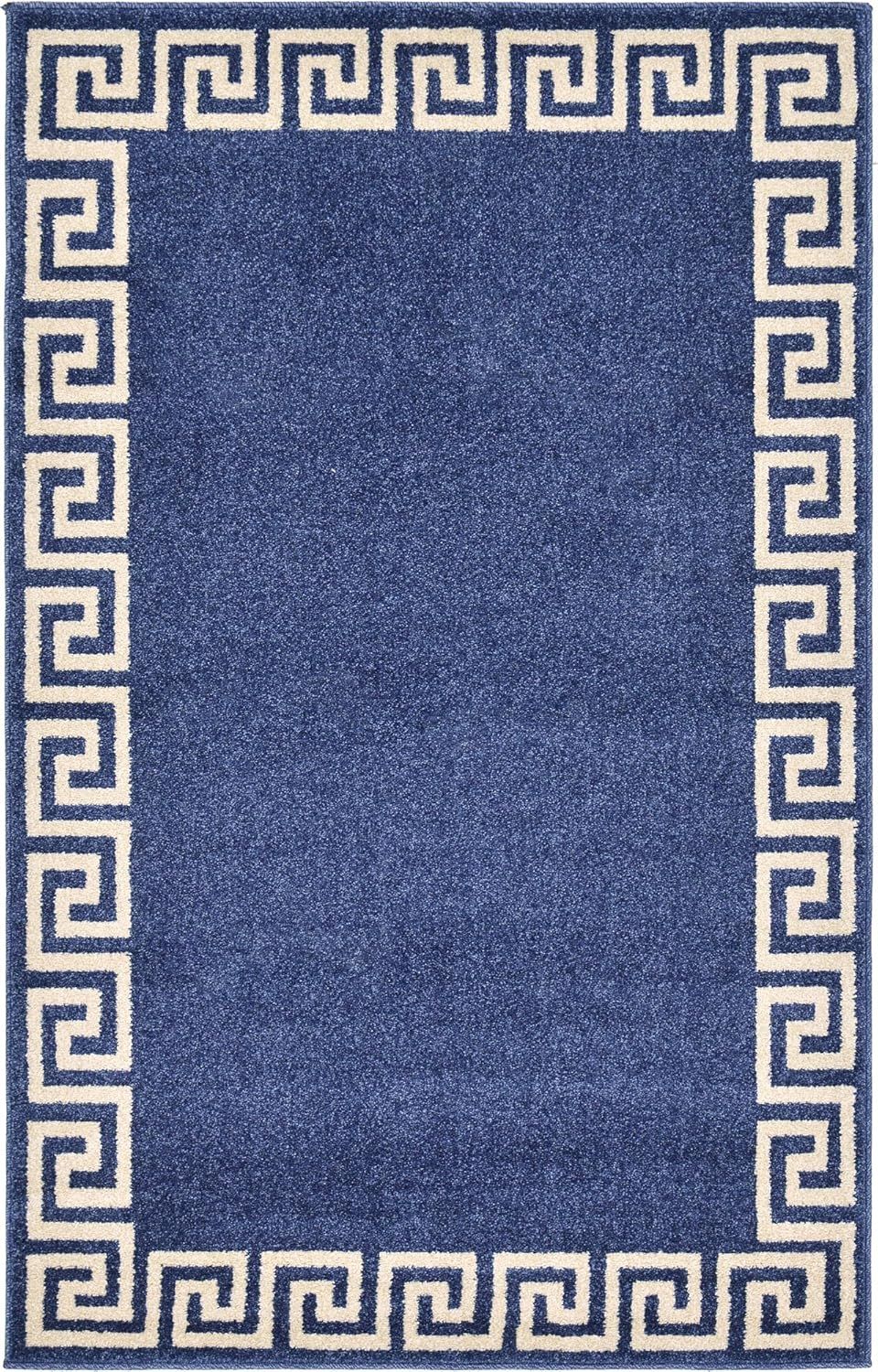 Navy Blue Geometric Border Rectangular Synthetic Rug