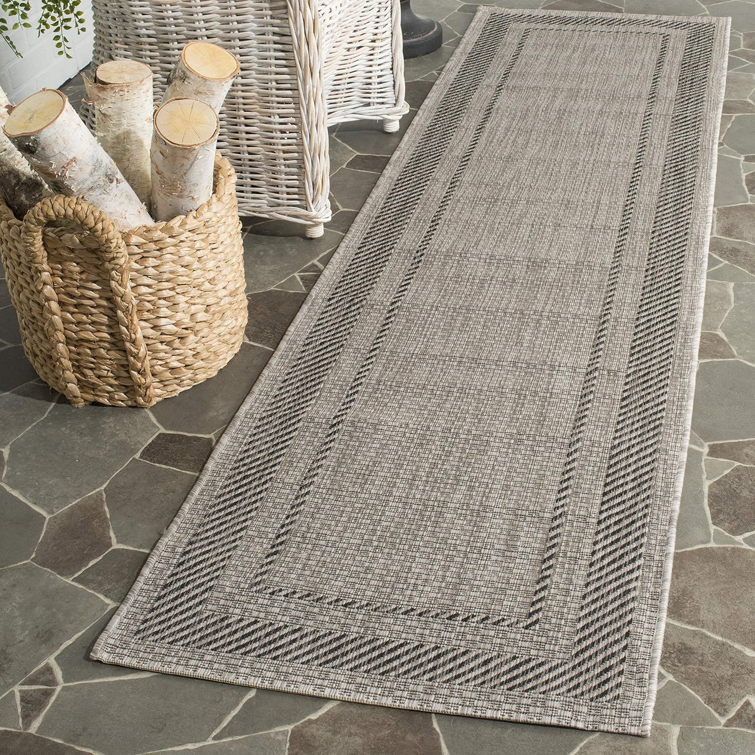 Beige and Black Synthetic 27'' Indoor/Outdoor Runner Rug