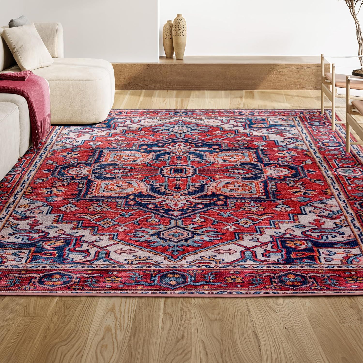 Bohemian Diamond Medallion 3x5 Red/Navy Easy-Care Area Rug