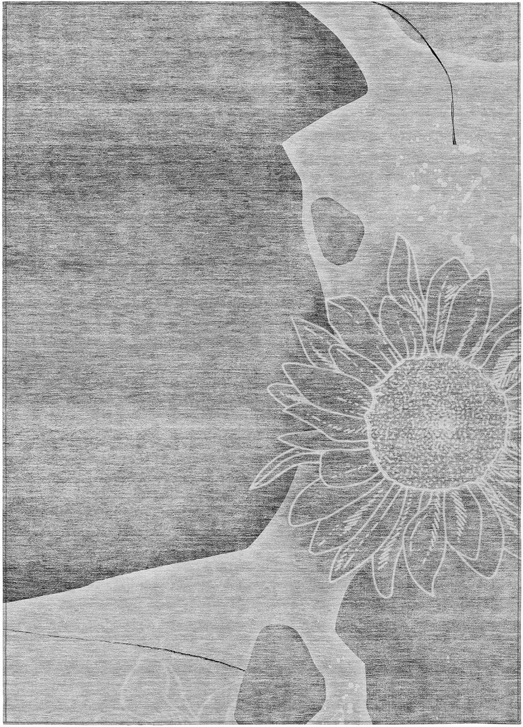 Gray Floral Synthetic Indoor/Outdoor Washable Rug 5' x 7'