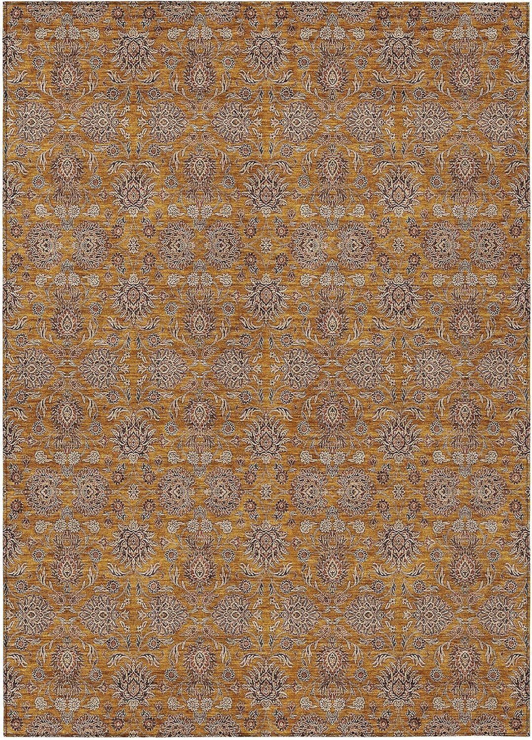 Copper Floral Pattern Machine Washable Indoor Outdoor Rug