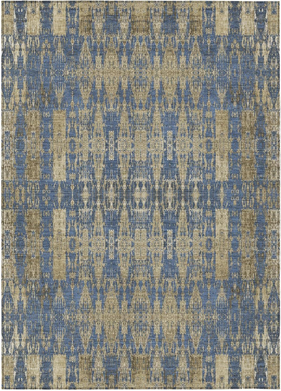 Blue Moroccan Motif Machine-Washable Indoor Outdoor Rug 3' x 5'