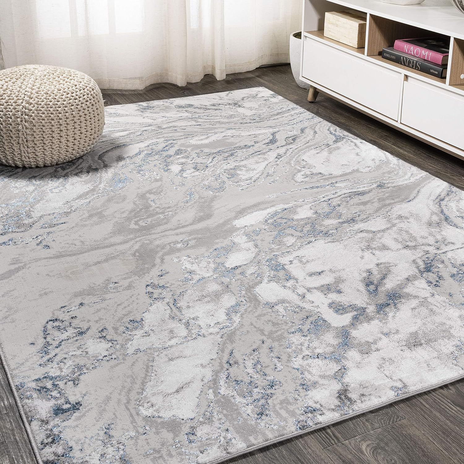 Gray and Blue Abstract Marbled 8' x 10' Synthetic Area Rug