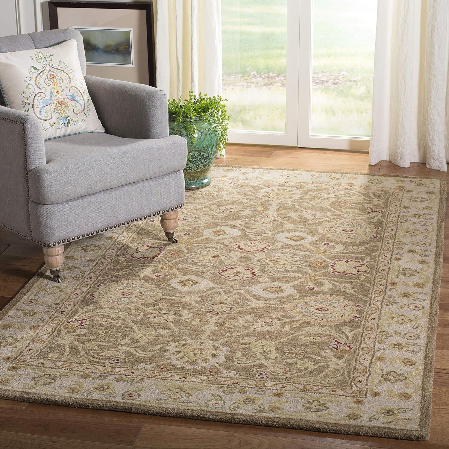 Handmade Tufted Floral Wool 8' x 10' Tan/Ivory Rug