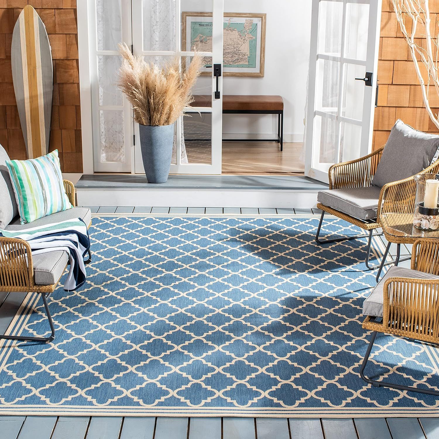 Blue and Cream Geometric 9' x 12' Synthetic Area Rug