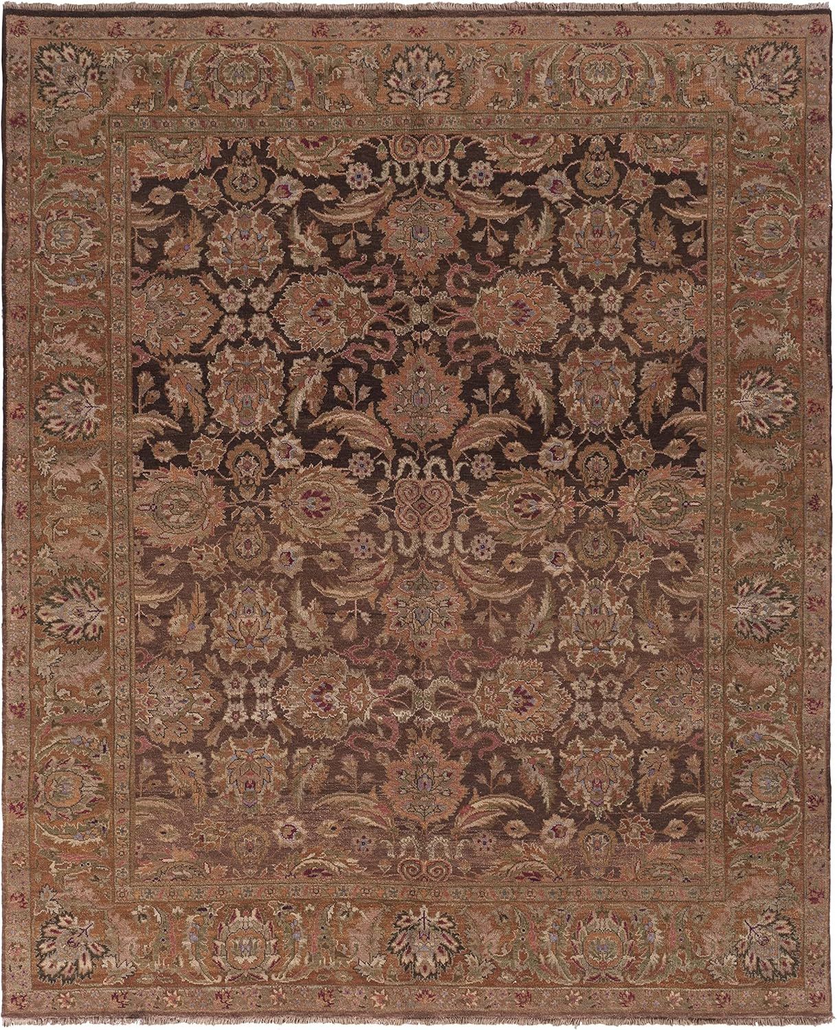 Burgundy and Green Hand-Knotted Wool 8' x 10' Area Rug