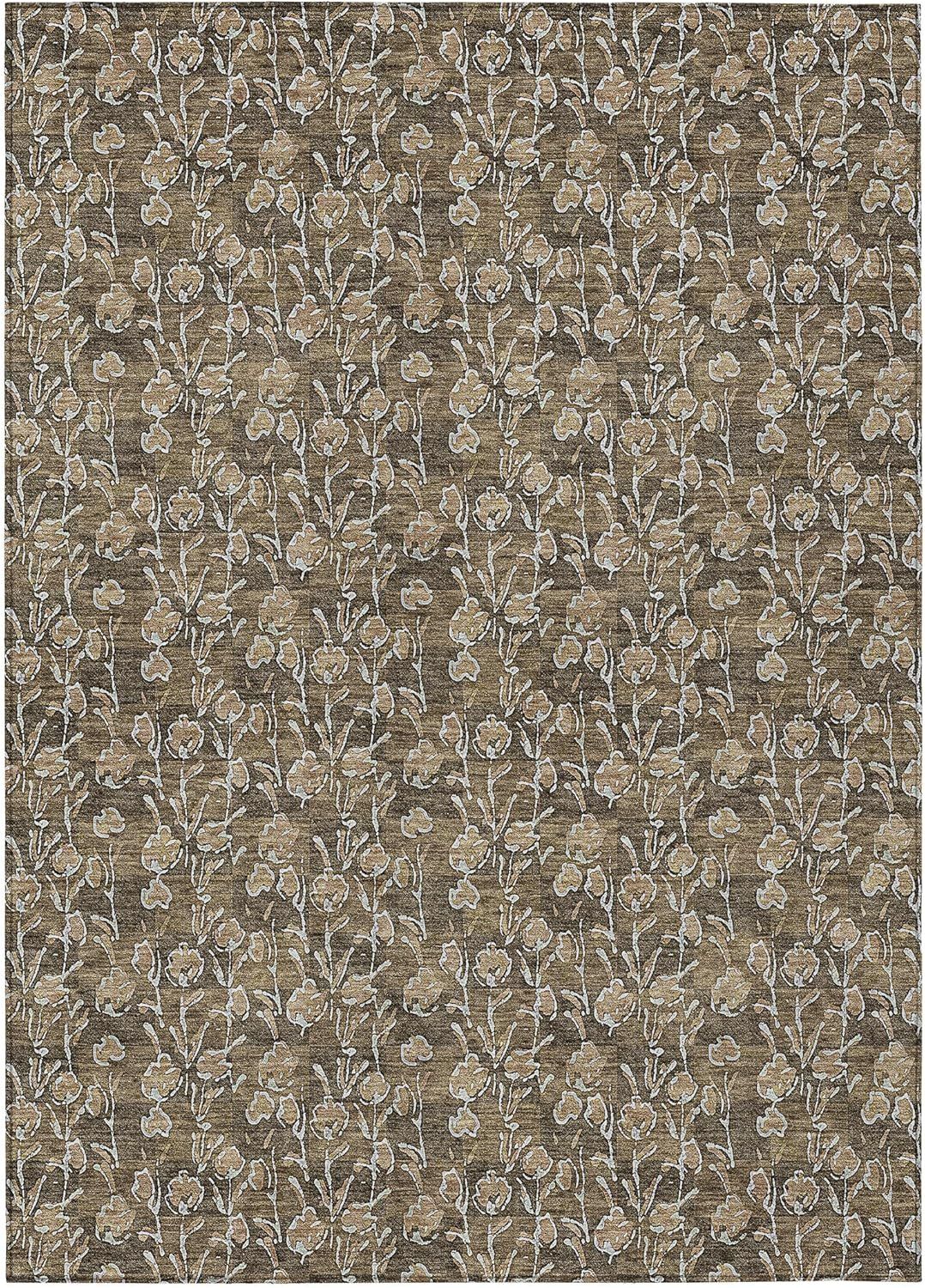 Brown Floral Synthetic 5' x 7' Washable Area Rug