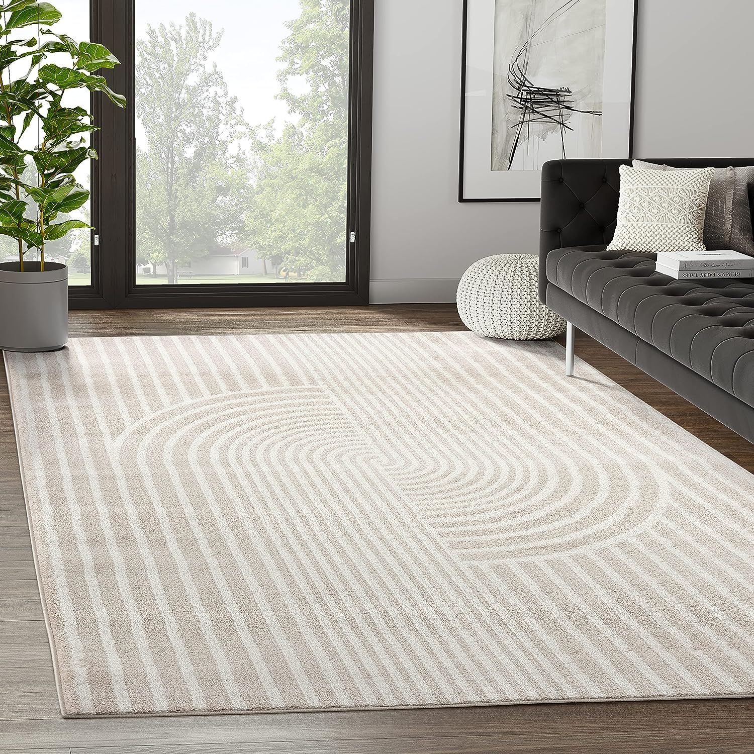 Ivory and Beige Abstract Synthetic Area Rug