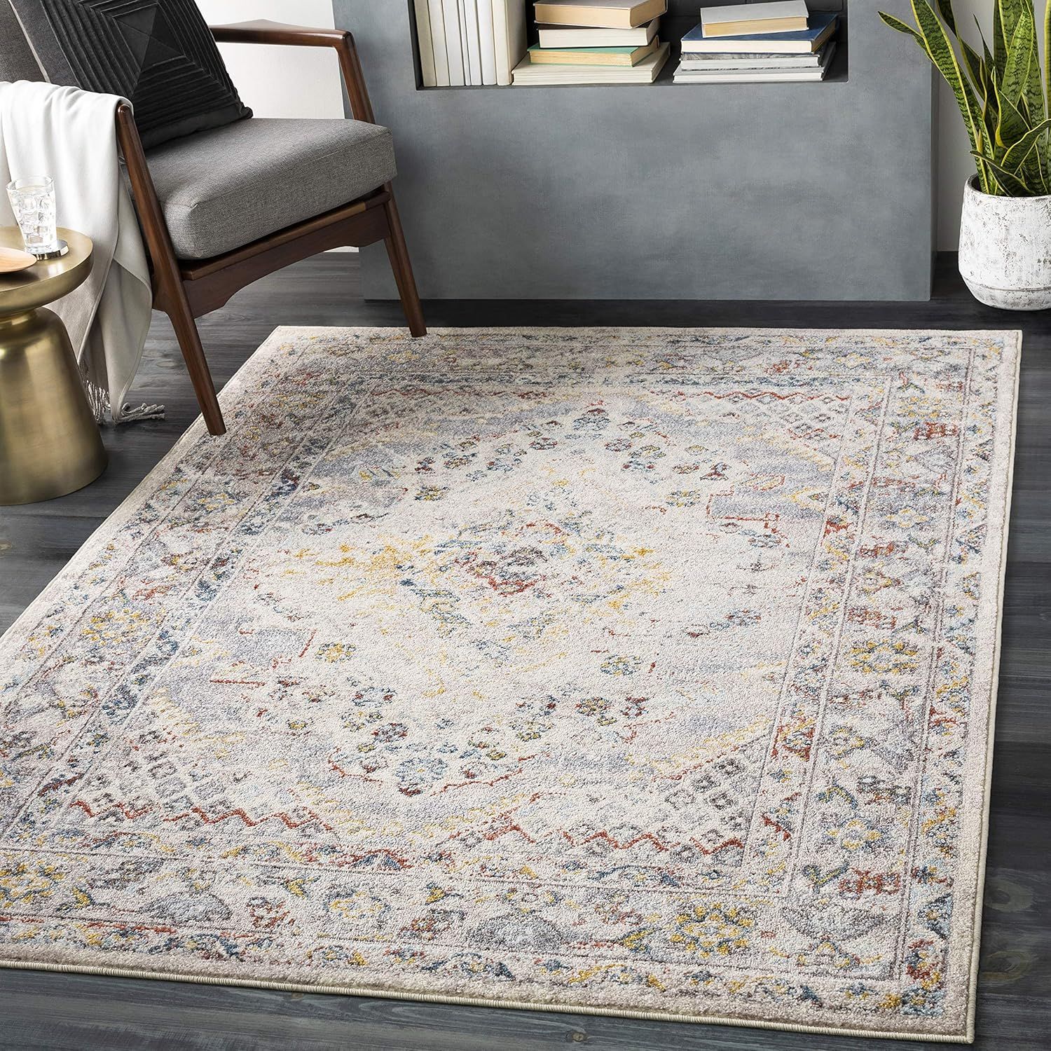 Taupe and Multicolor Synthetic Oriental Medallion Area Rug