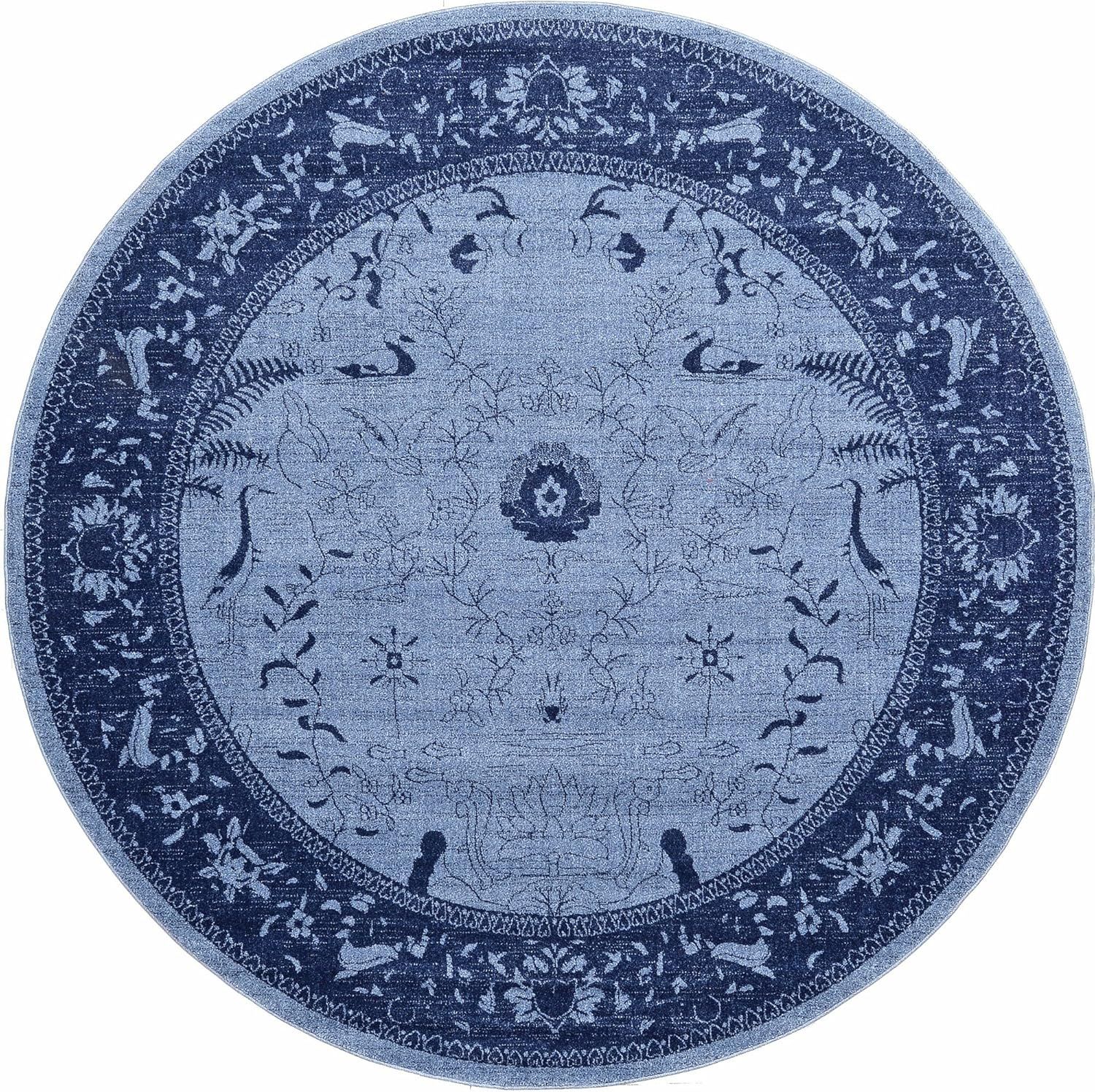 Round Blue Floral Synthetic Easy Care Area Rug