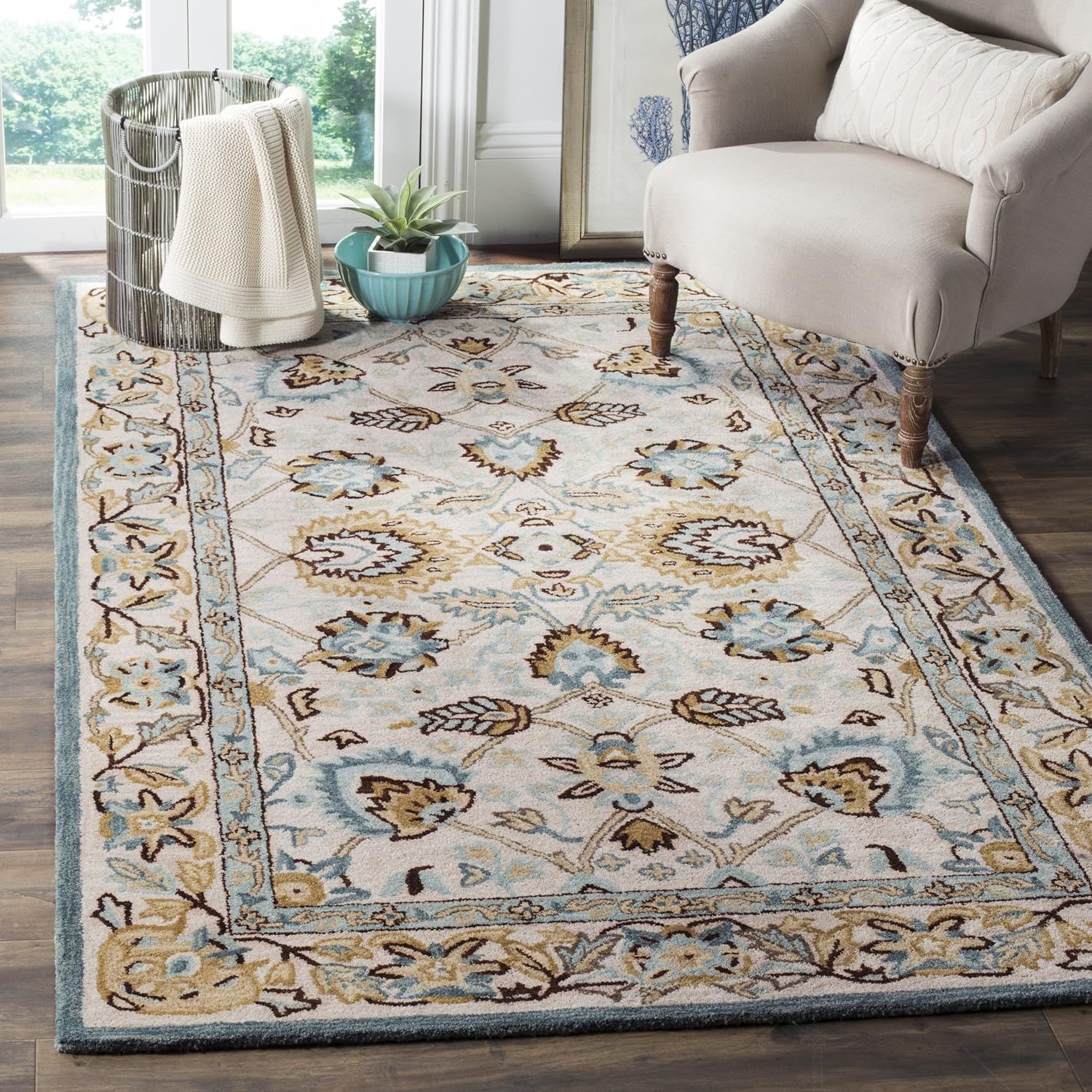 Elegant Peacock Blue Hand-Tufted Wool 6' Square Rug