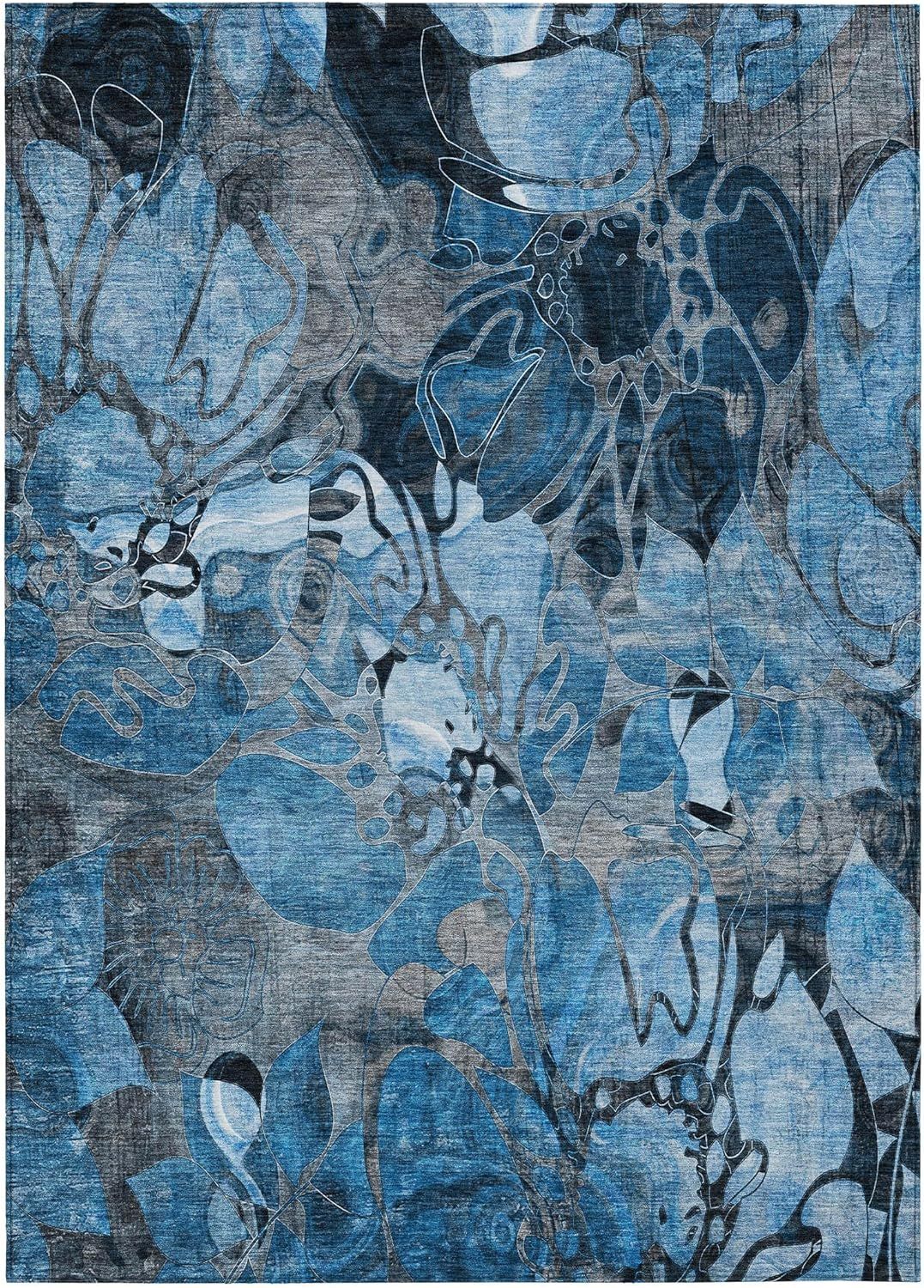 Blue Floral Synthetic 9' x 12' Washable Area Rug