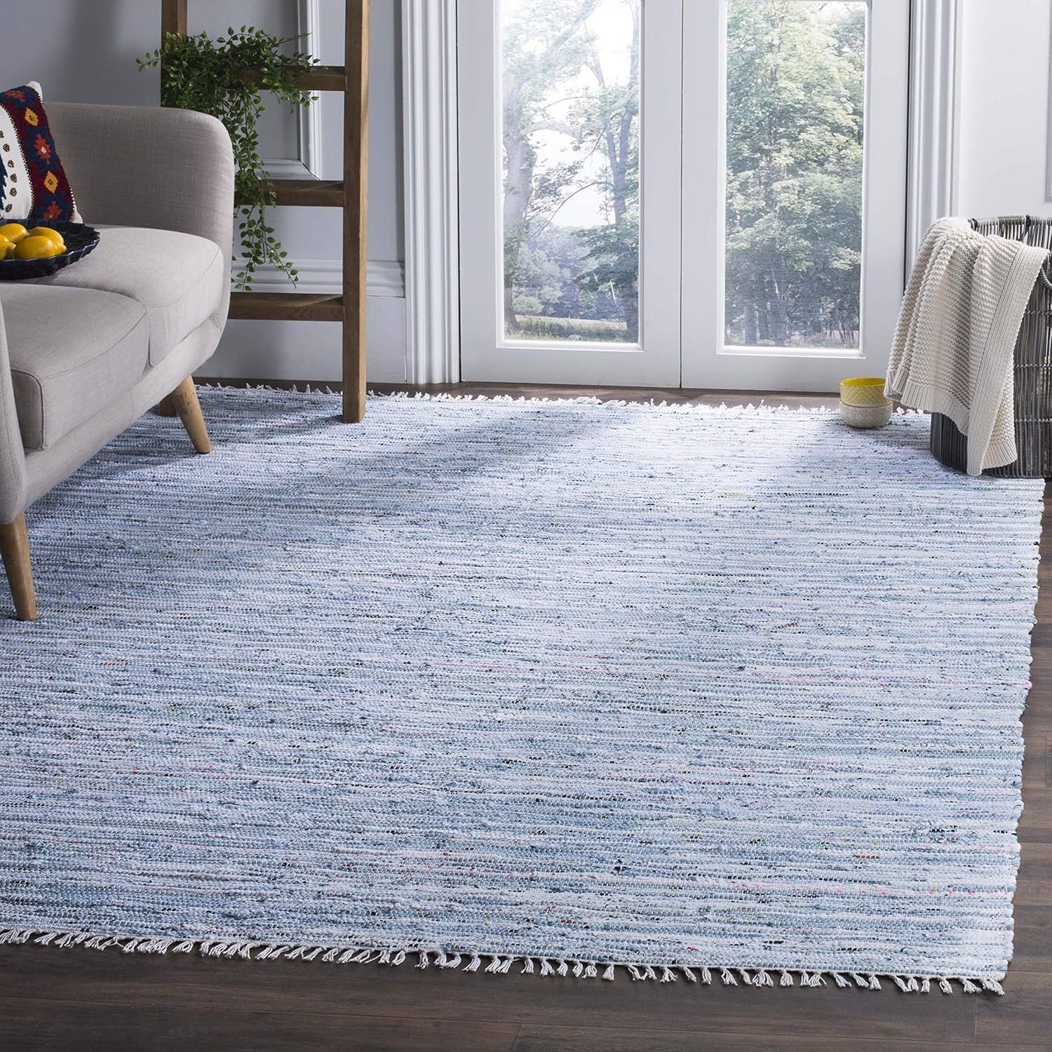 Light Blue Handmade Cotton 9' x 12' Flat Woven Rug