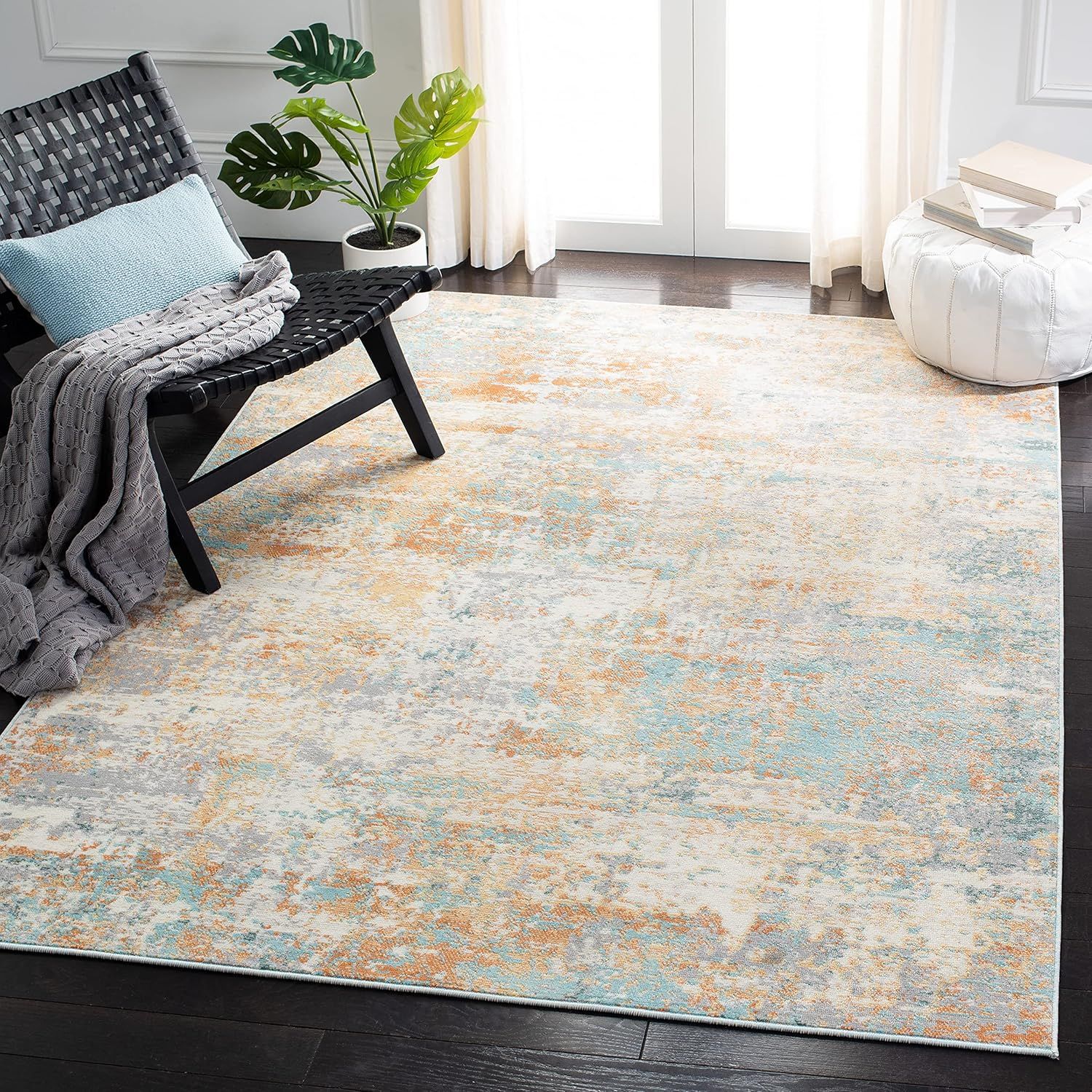 Ivory and Aqua Synthetic Stain-Resistant Square Rug