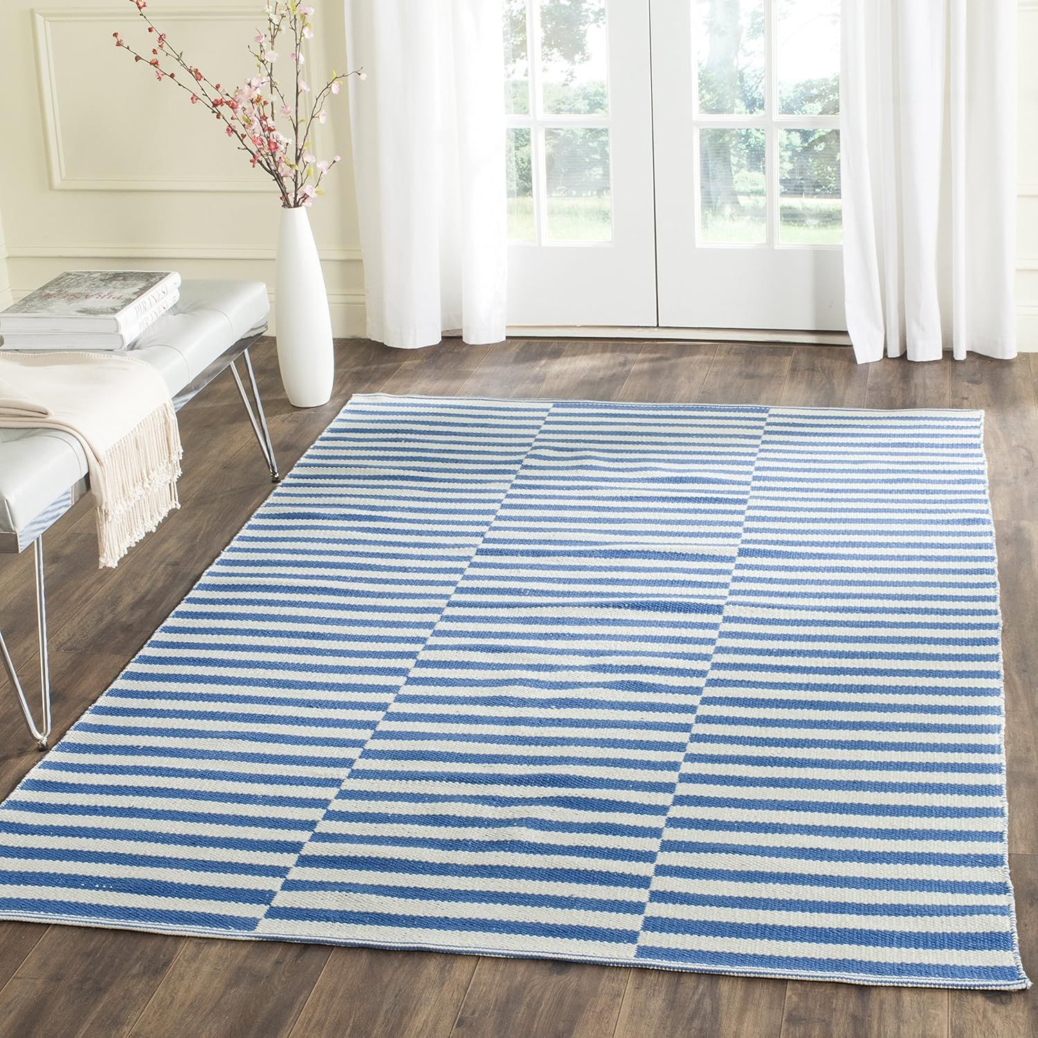 Ivory and Light Blue Handmade Cotton Stripe Rug 5' x 7'