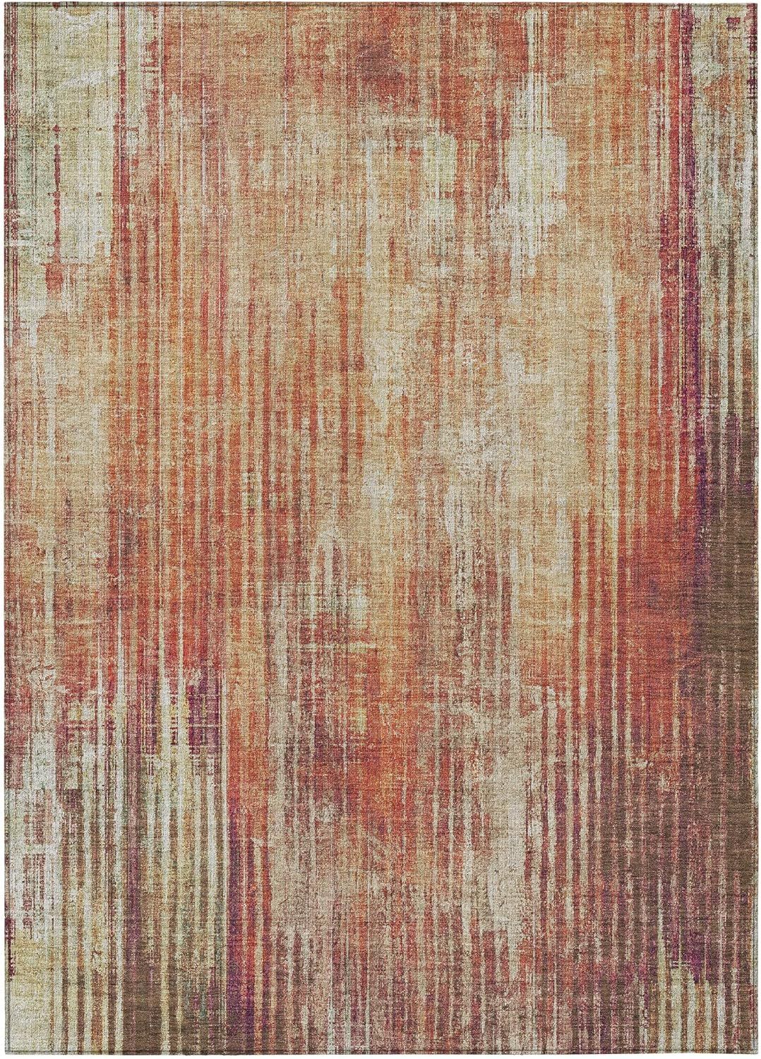 Paprika and Beige Striped Synthetic Washable Area Rug 3' x 5'