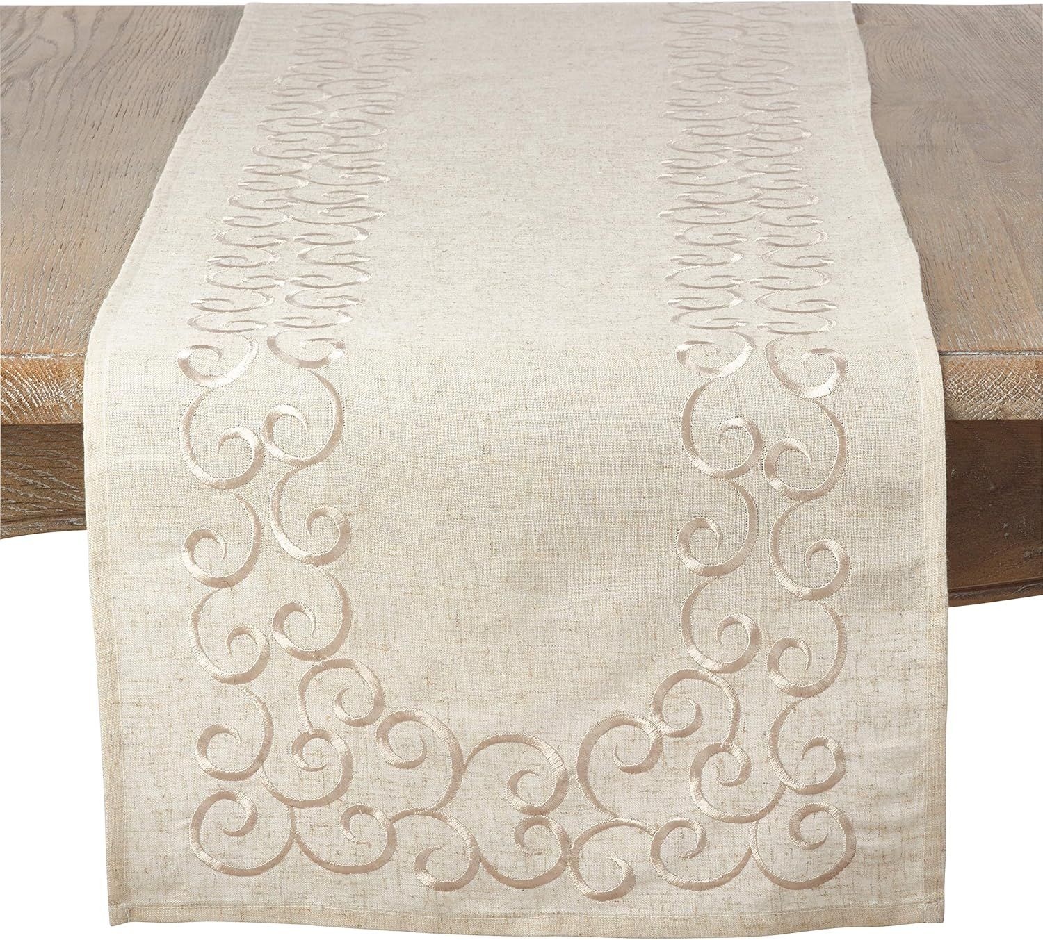 Natural Linen Blend Embroidered Table Runner, 16" x 72"