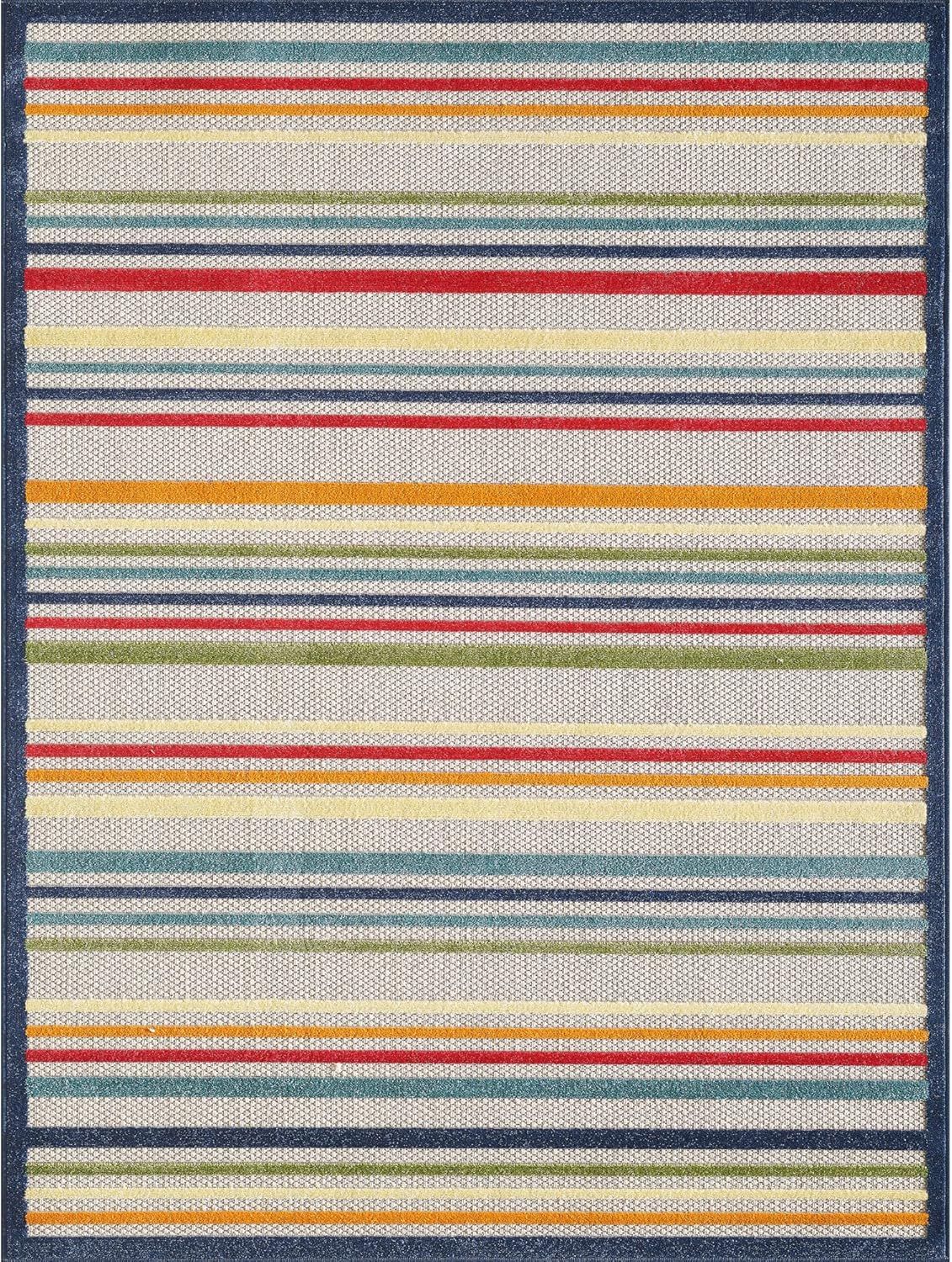 Ivory and Multicolor Striped Synthetic Medium Rug