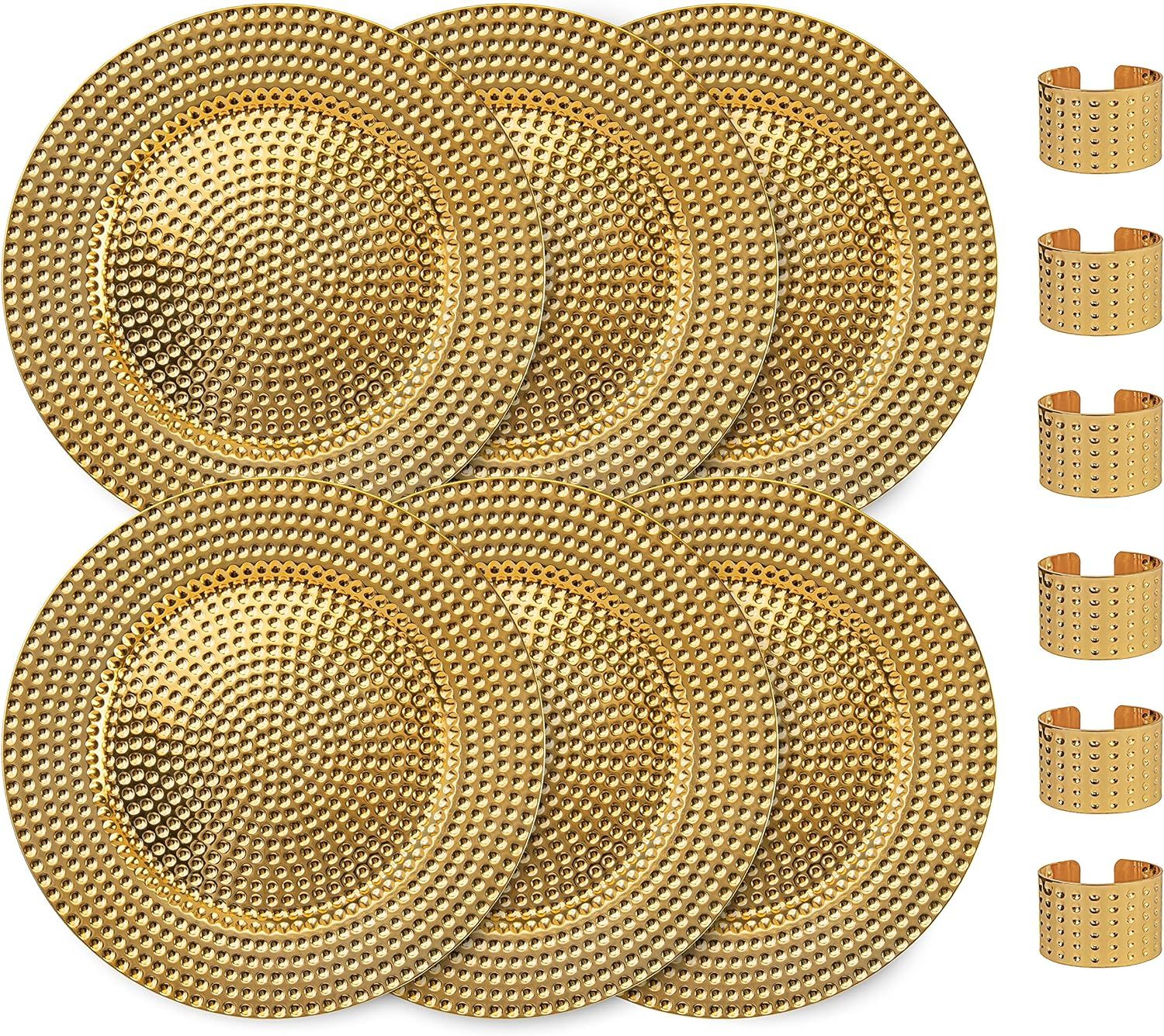 13 Inch Round Gold Hammered Charger Plates with Matching Napkin Rings