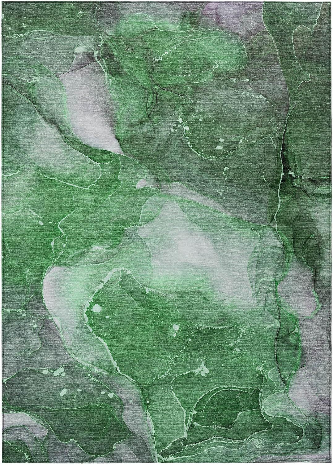 Emerald Green Abstract Watercolor Washable Synthetic Area Rug 3' x 5'