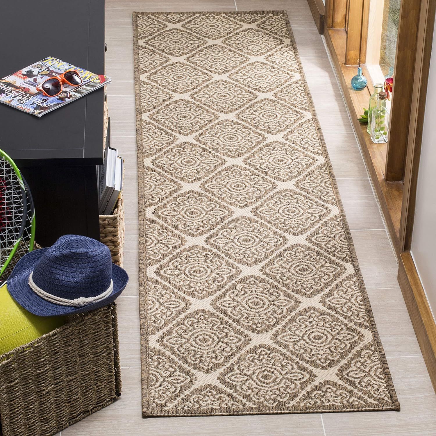 Cream Beige Flat Woven Geometric Synthetic Runner Rug