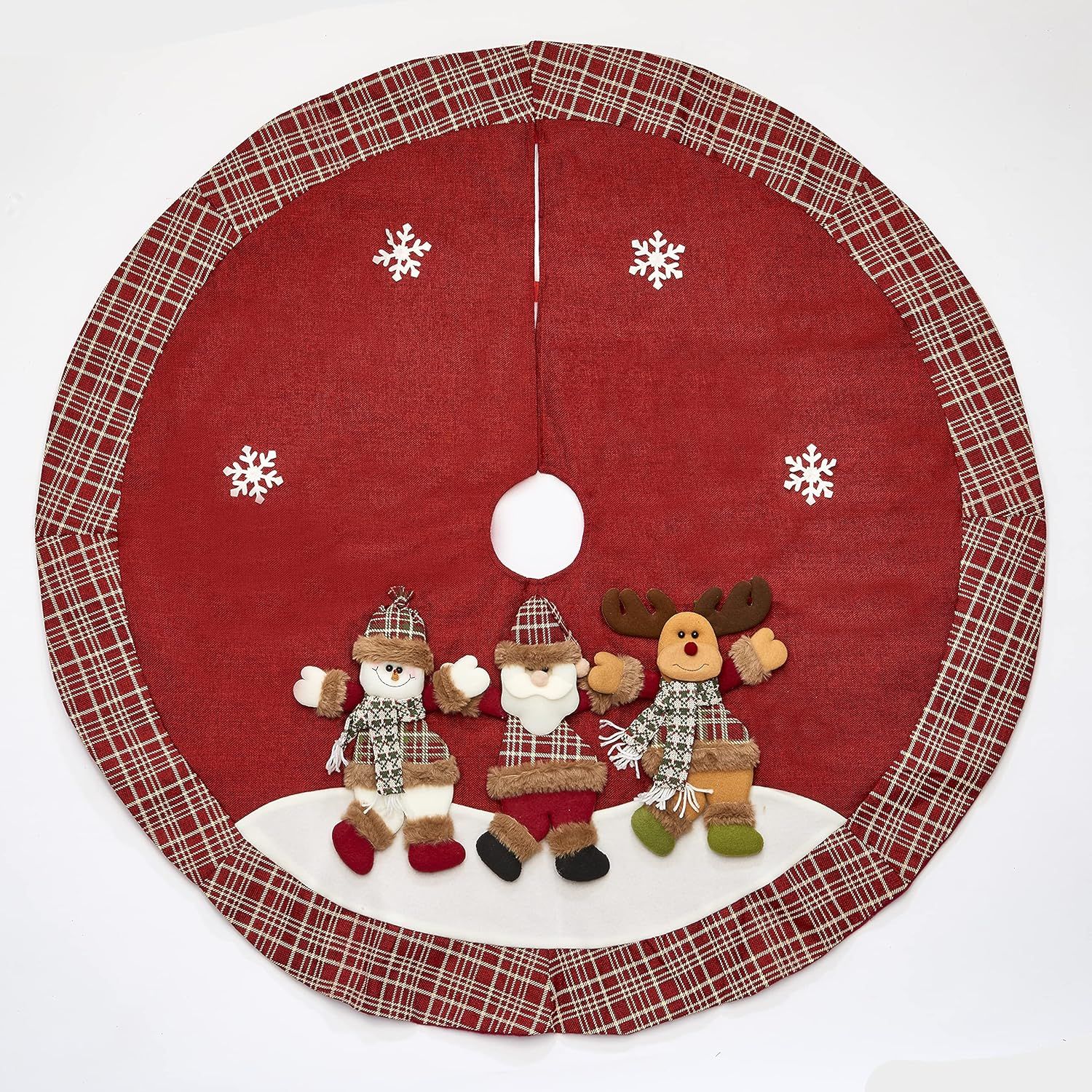 48" Red Plaid Christmas Tree Skirt with Embroidered Characters