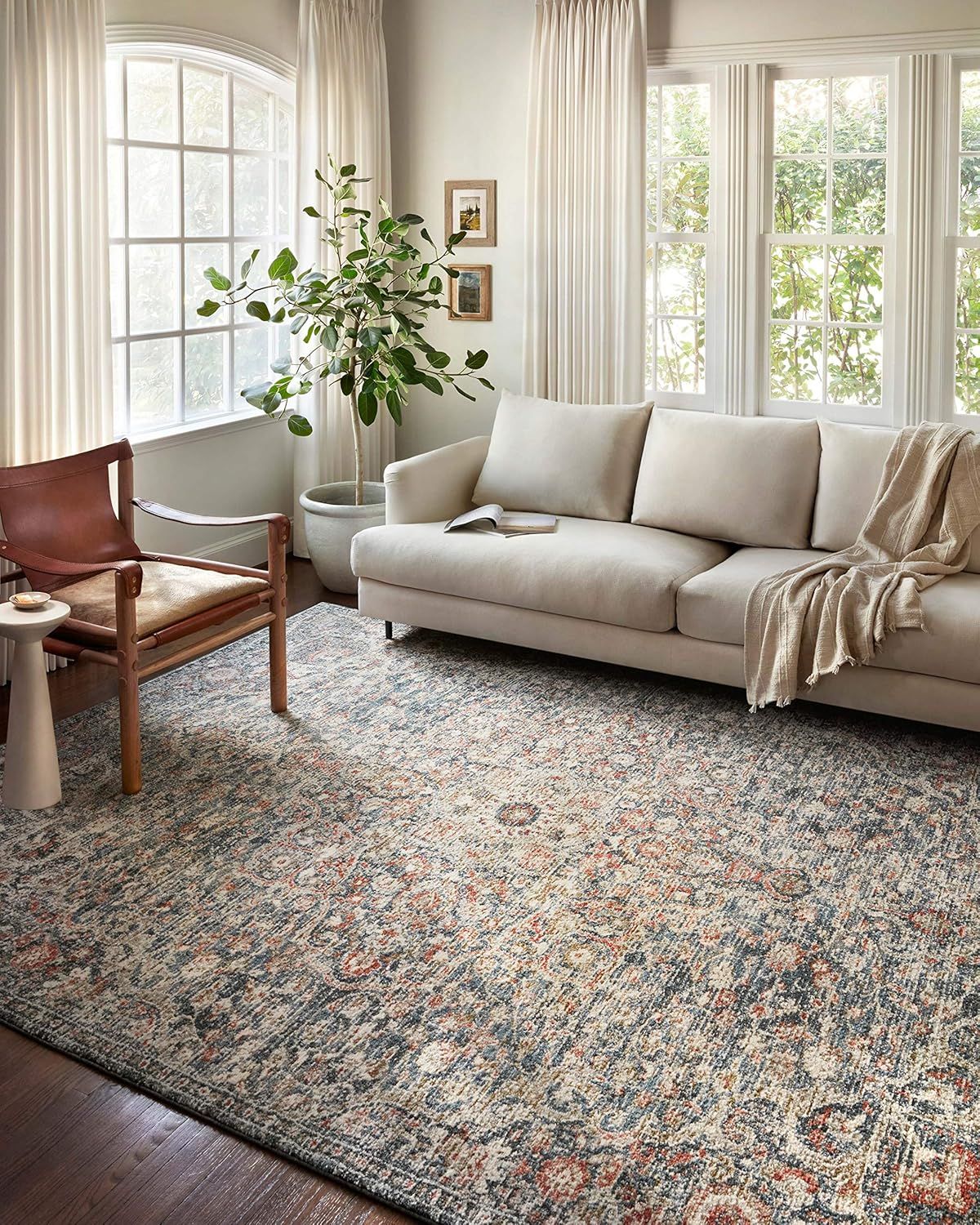 Round Blue and Spice Stain-Resistant Synthetic Rug