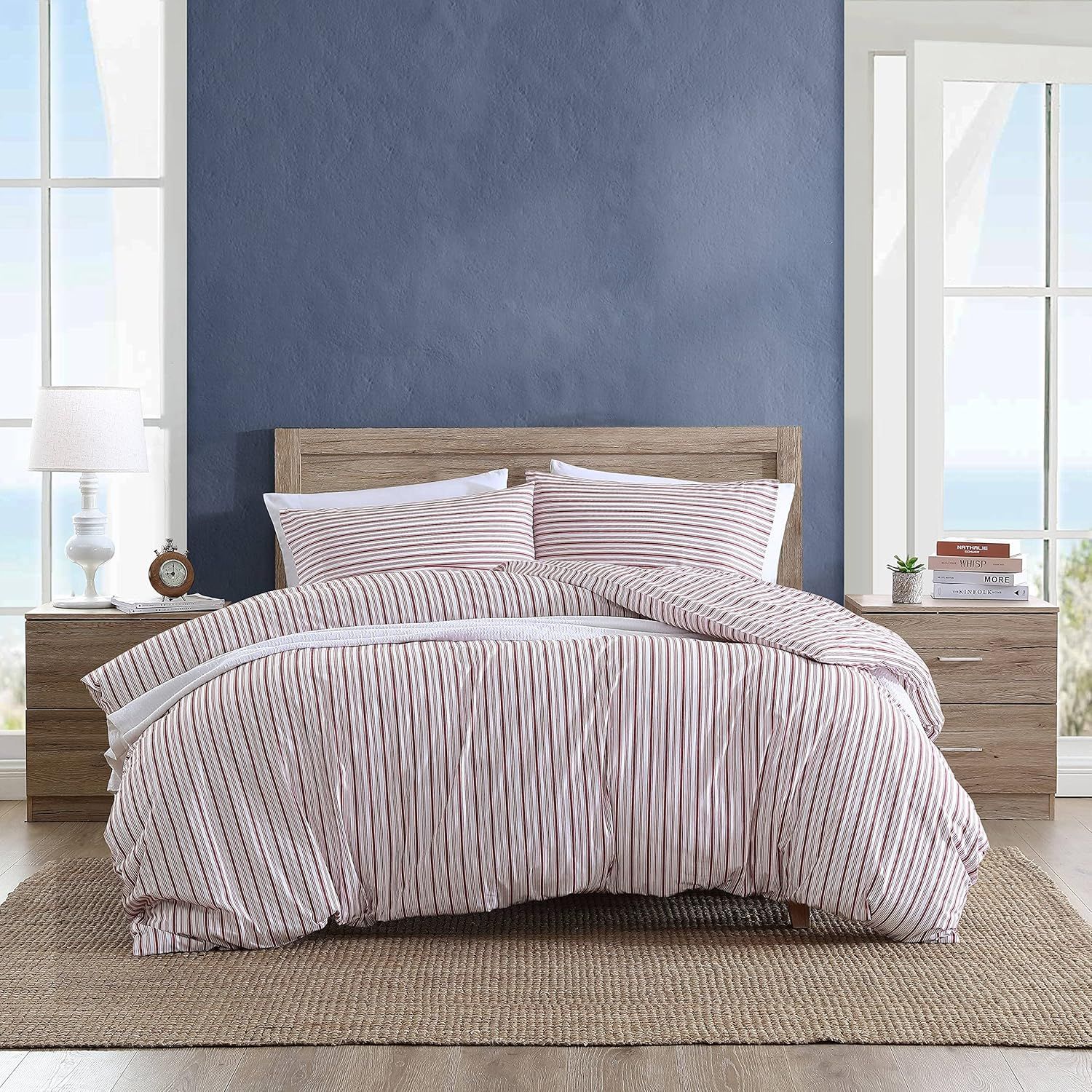 Coleridge Stripe Red Cotton Queen Duvet Cover with Button Closure