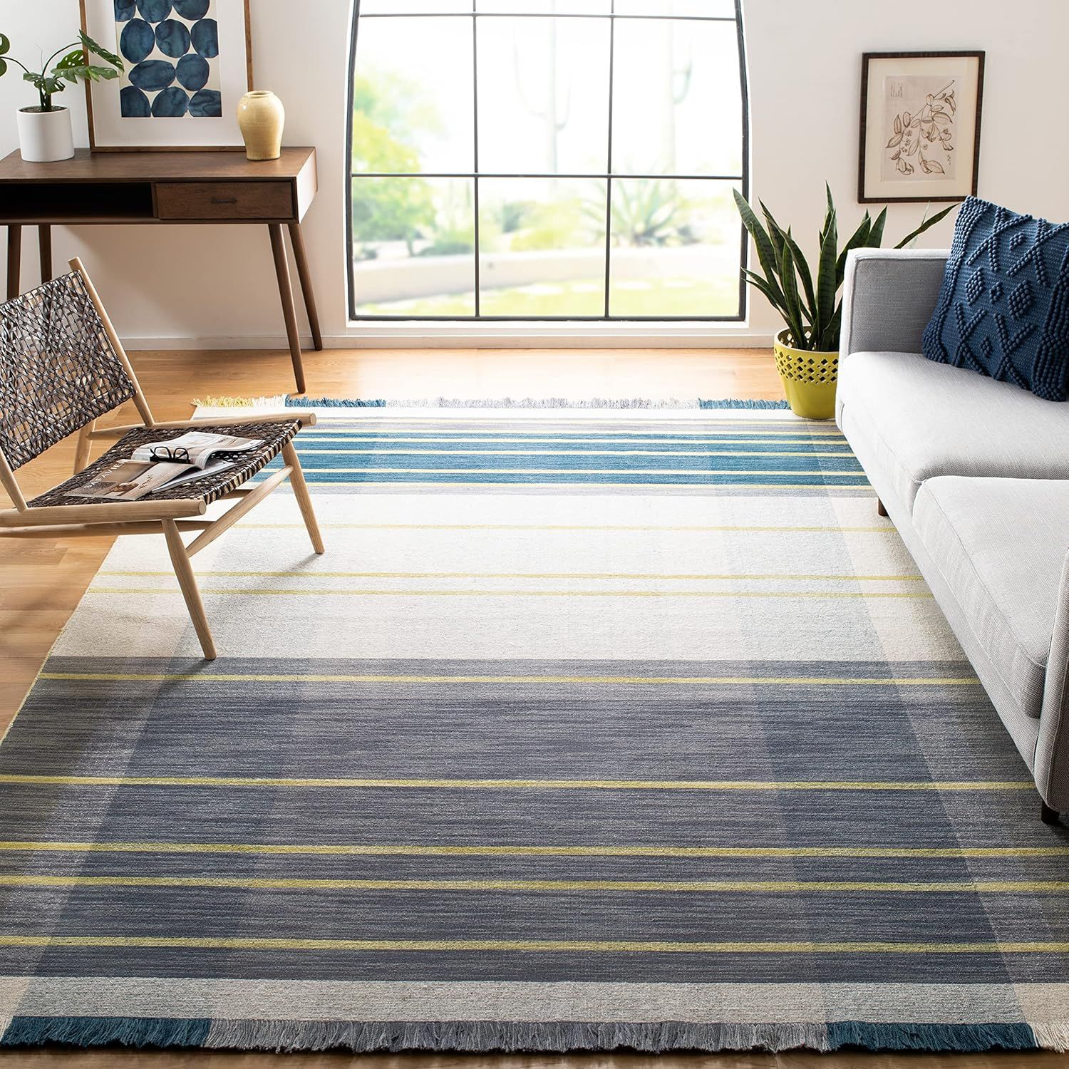 Beige and Teal Striped Wool 9' x 12' Flatweave Area Rug