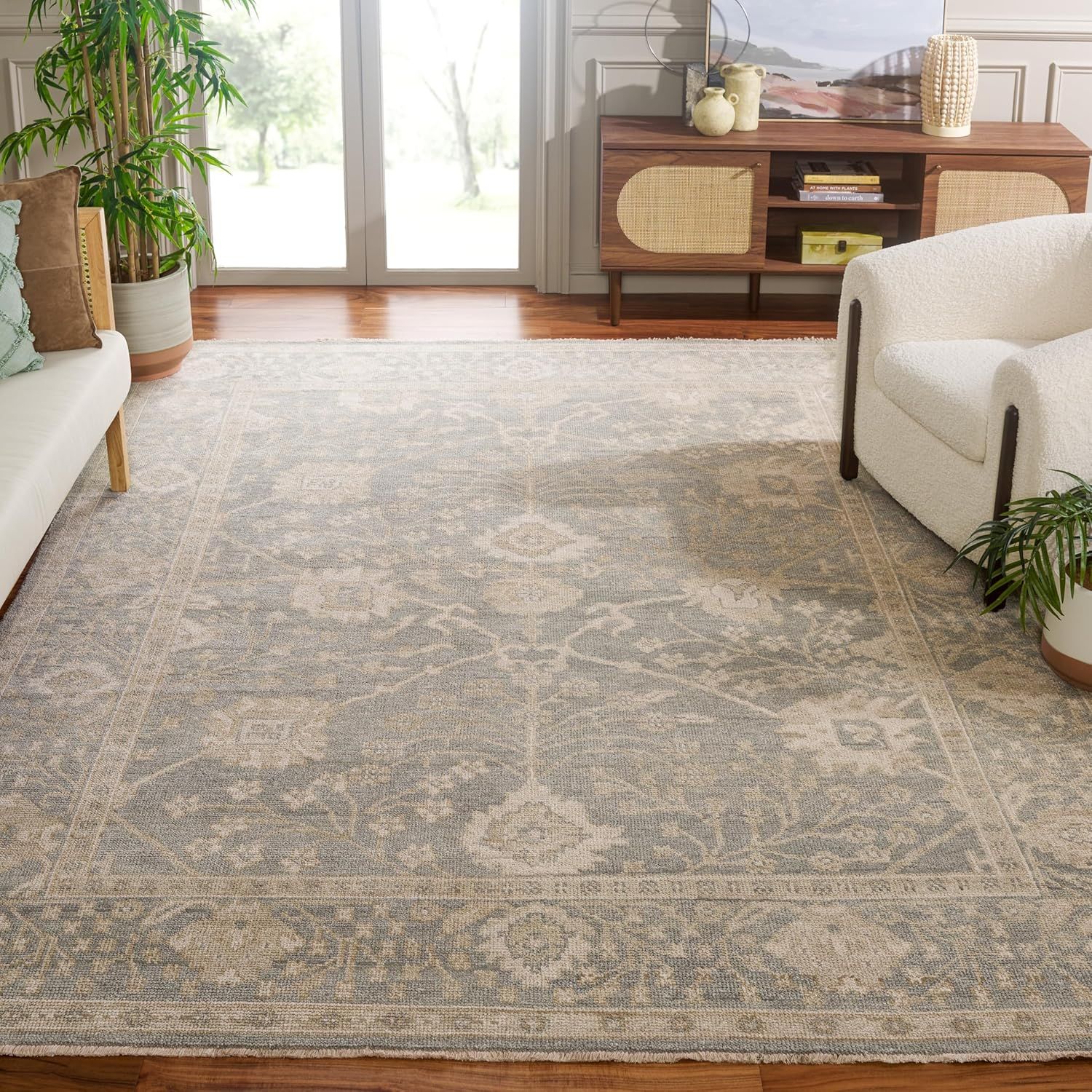 Light Blue and Ivory Hand-Knotted Wool Floral 9' x 12' Area Rug